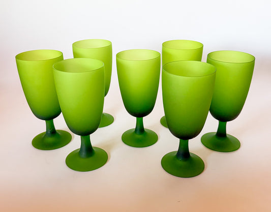 1960s Carlo Moretti Italy Satinato Frosted Green Wine Water Glasses - Set of 7