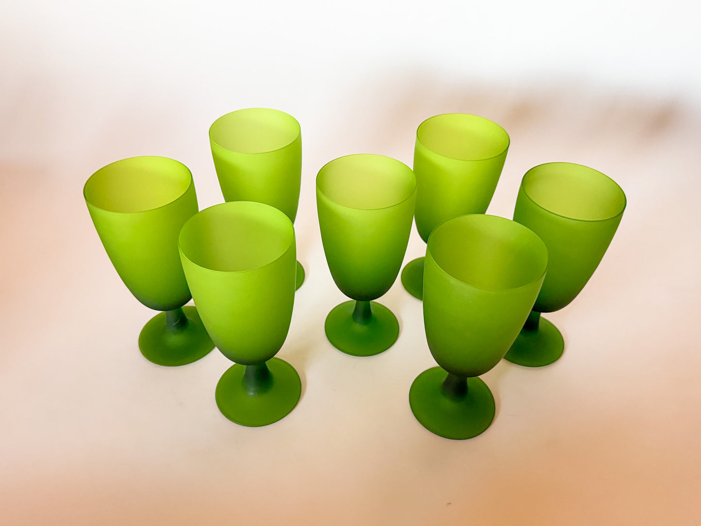 1960s Carlo Moretti Italy Satinato Frosted Green Wine Water Glasses - Set of 7