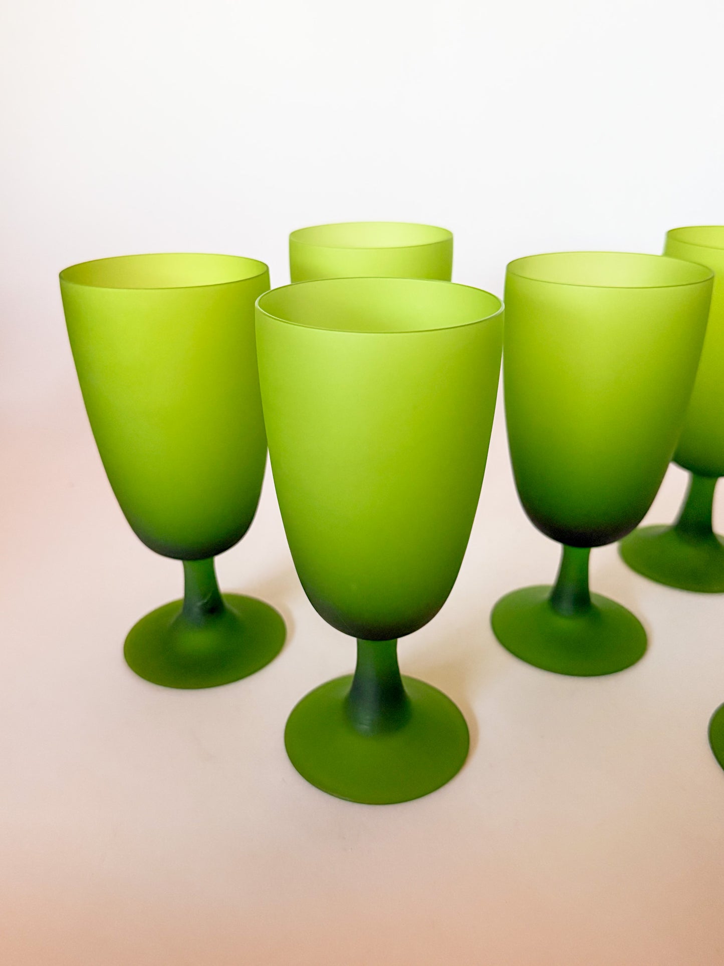 1960s Carlo Moretti Italy Satinato Frosted Green Wine Water Glasses - Set of 7