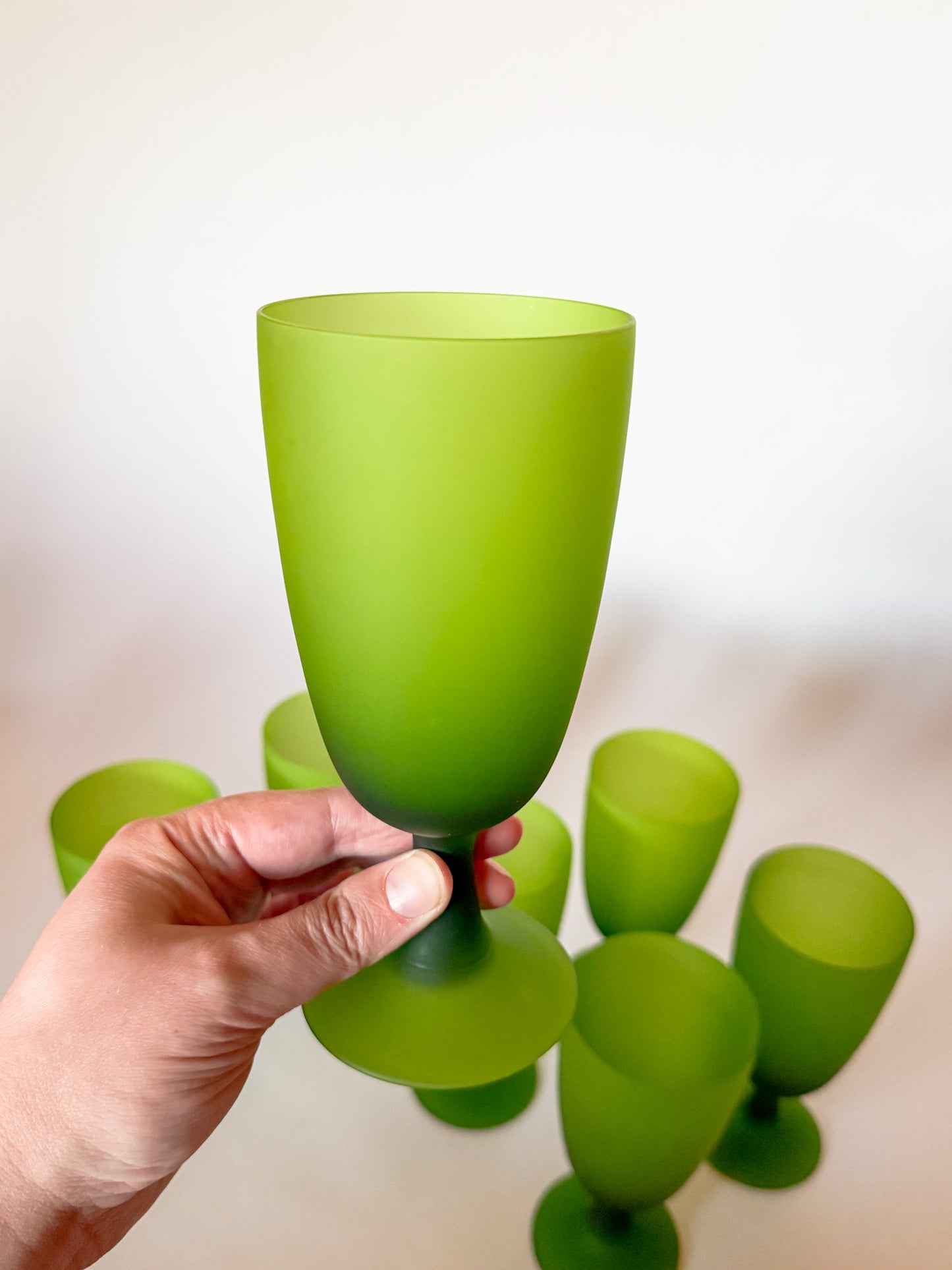 1960s Carlo Moretti Italy Satinato Frosted Green Wine Water Glasses - Set of 7