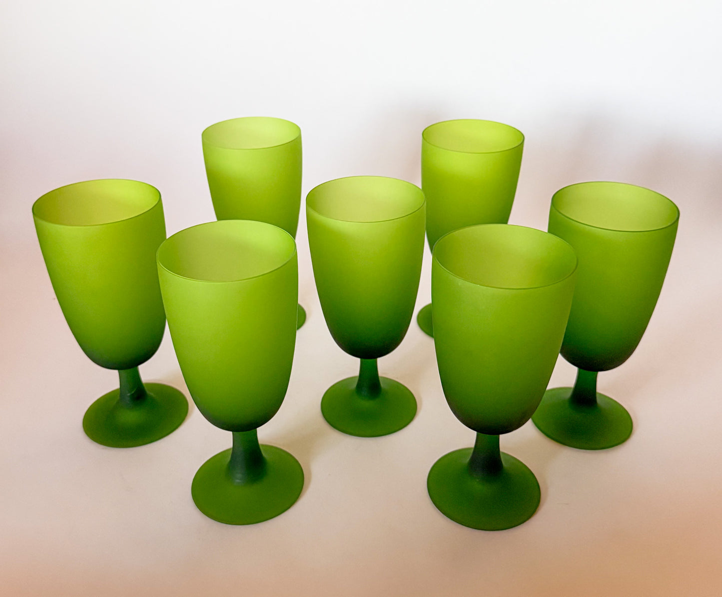 1960s Carlo Moretti Italy Satinato Frosted Green Wine Water Glasses - Set of 7