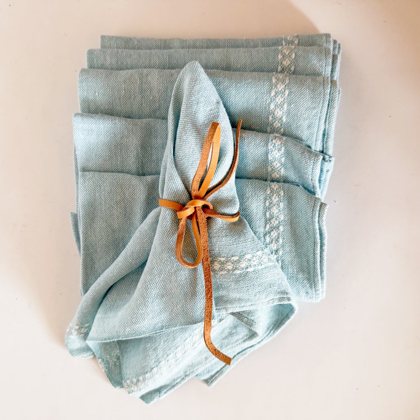 Vintage Blue and White Embroidered Linen Cloth Napkins, Set of 6