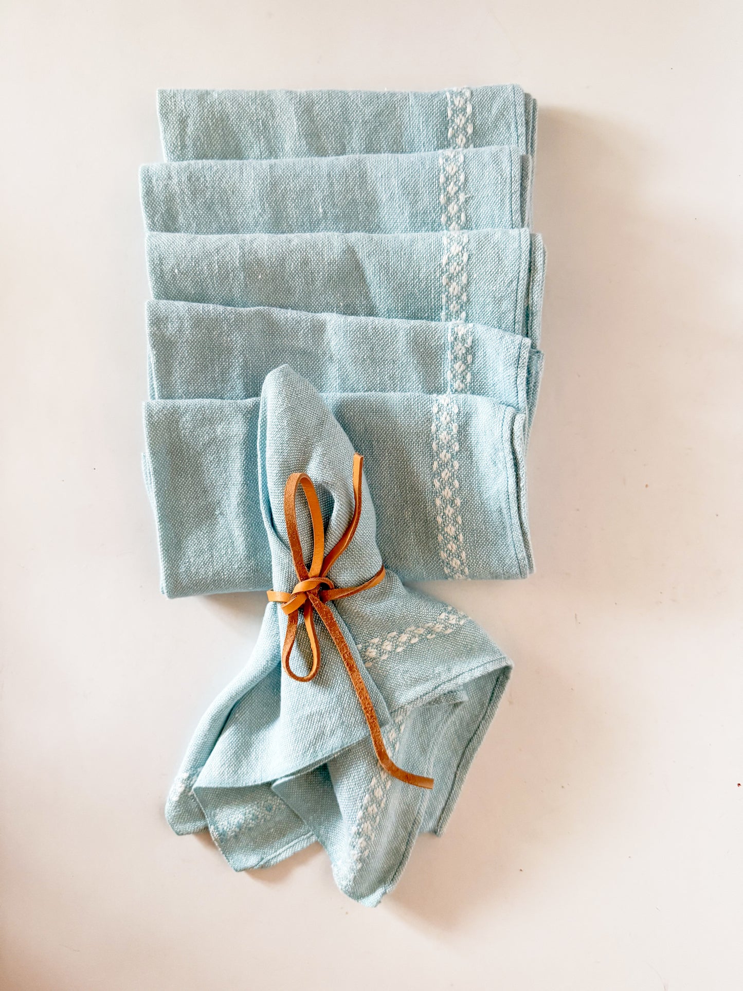 Vintage Blue and White Embroidered Linen Cloth Napkins, Set of 6