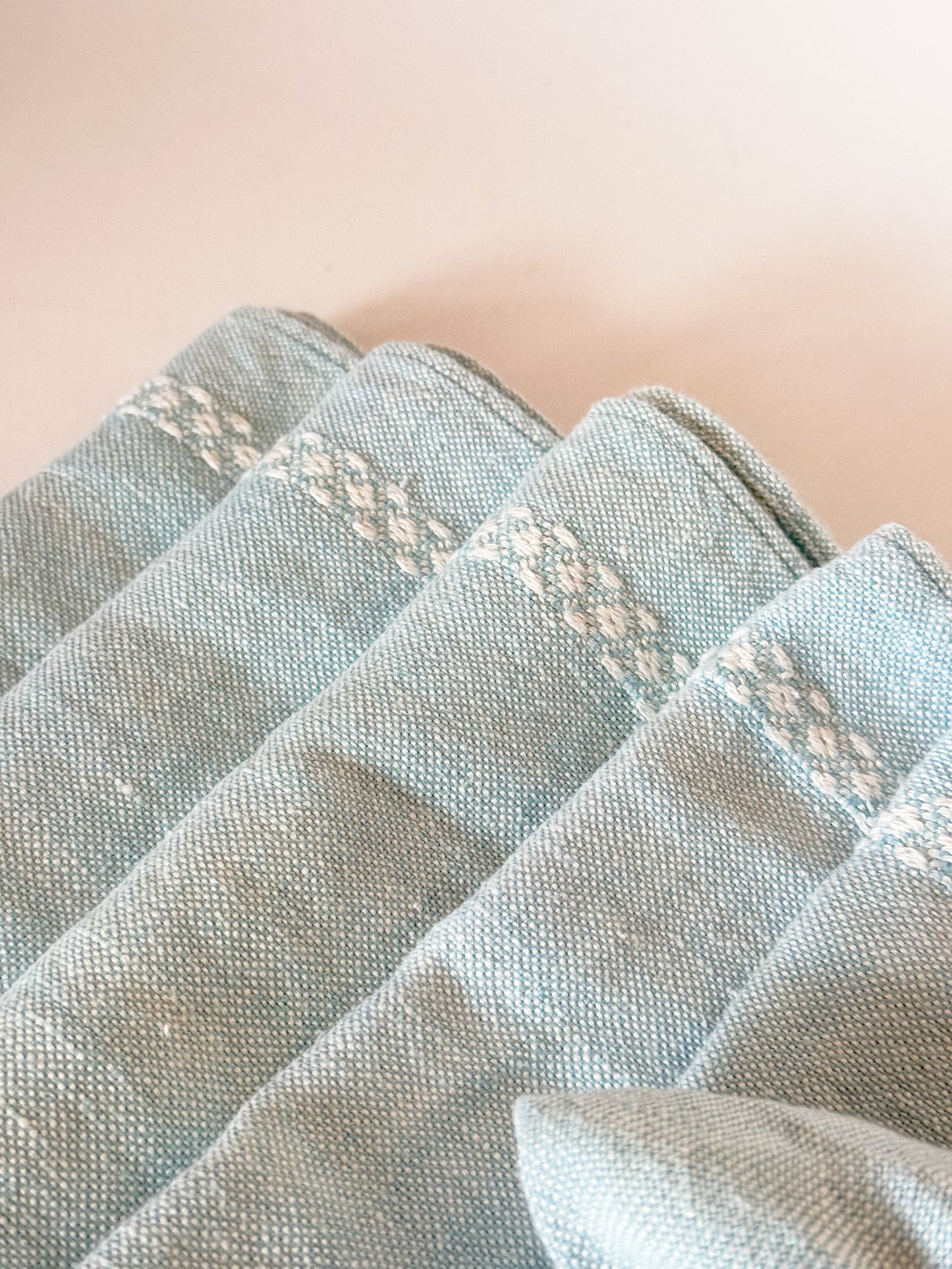 Vintage Blue and White Embroidered Linen Cloth Napkins, Set of 6