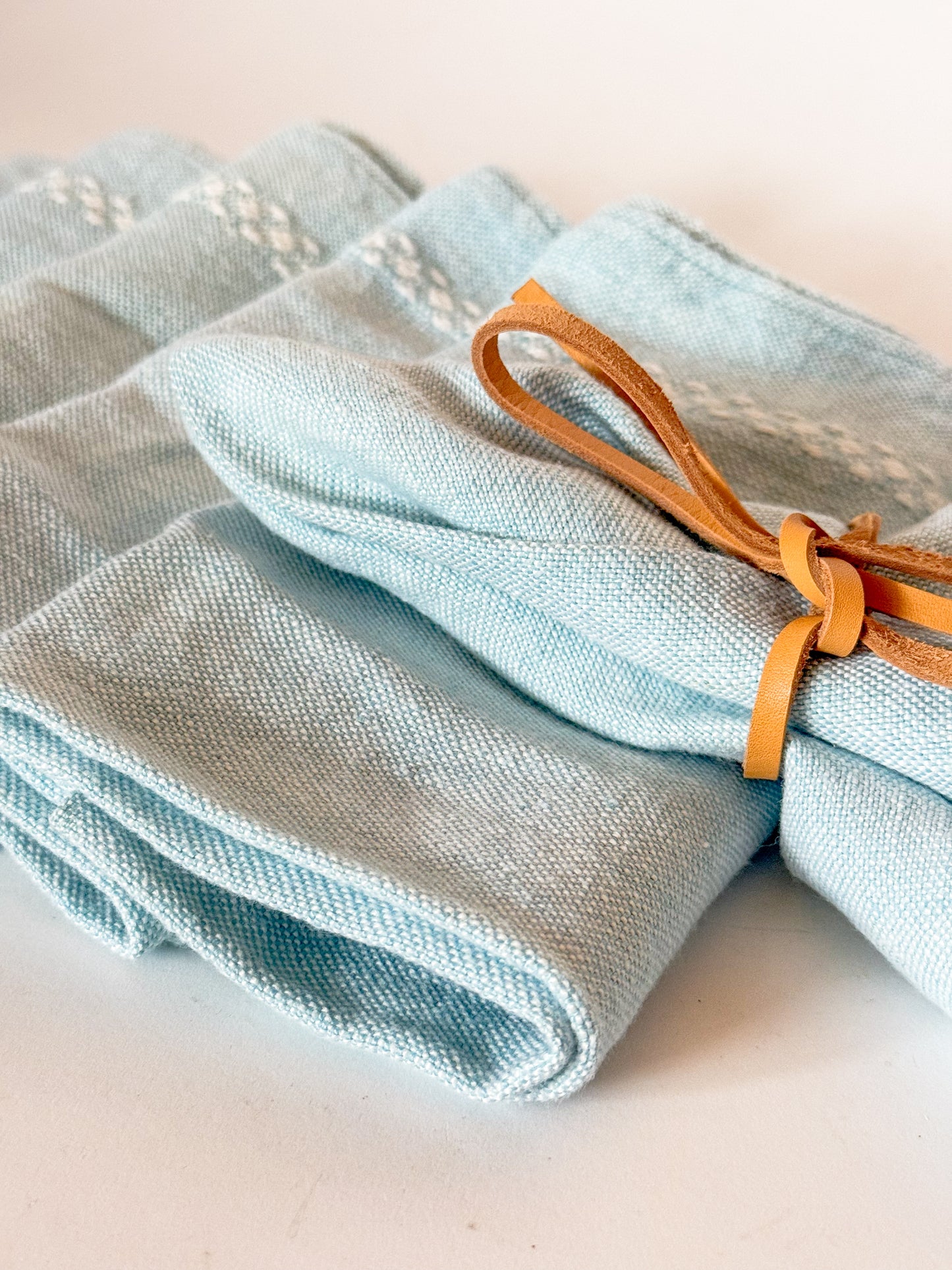 Vintage Blue and White Embroidered Linen Cloth Napkins, Set of 6