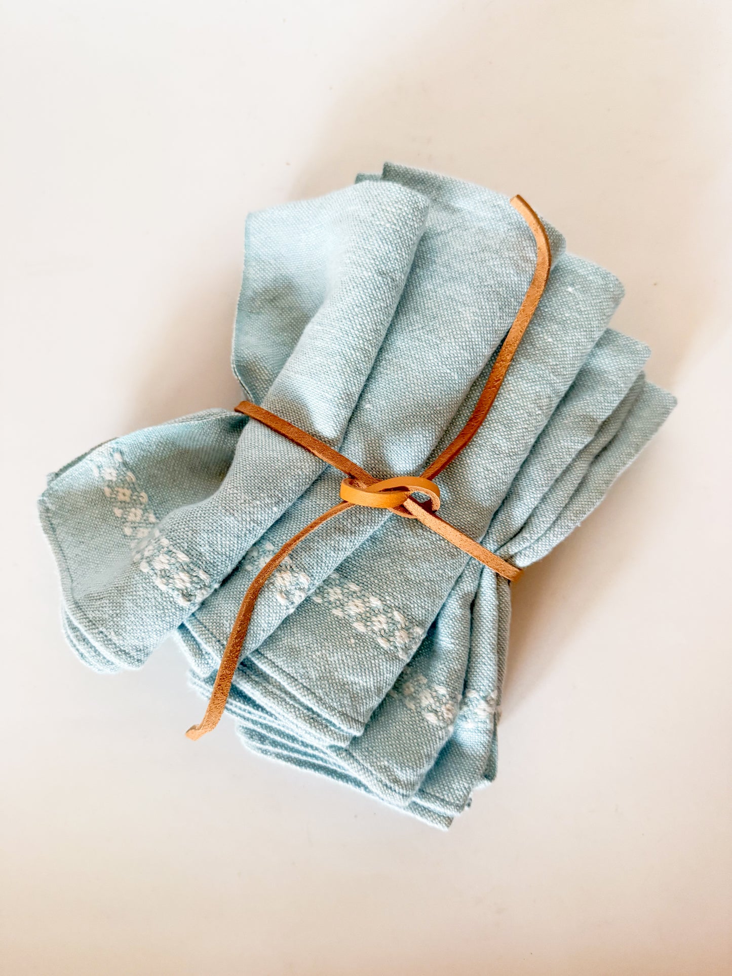 Vintage Blue and White Embroidered Linen Cloth Napkins, Set of 6