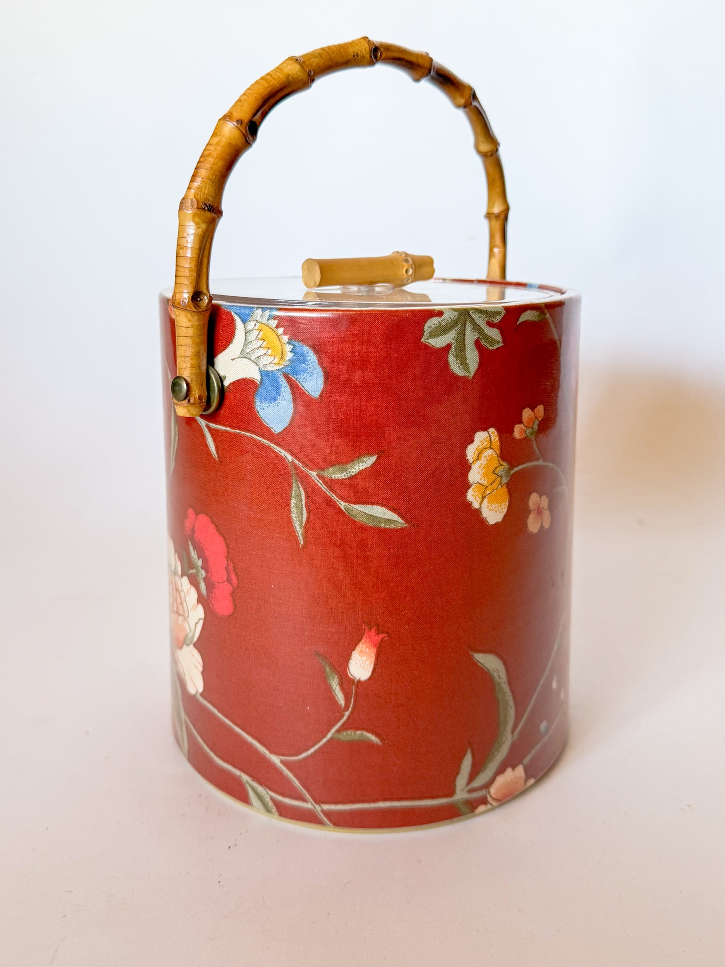 Vintage Floral Chintz and Bamboo Handled Ice Bucket