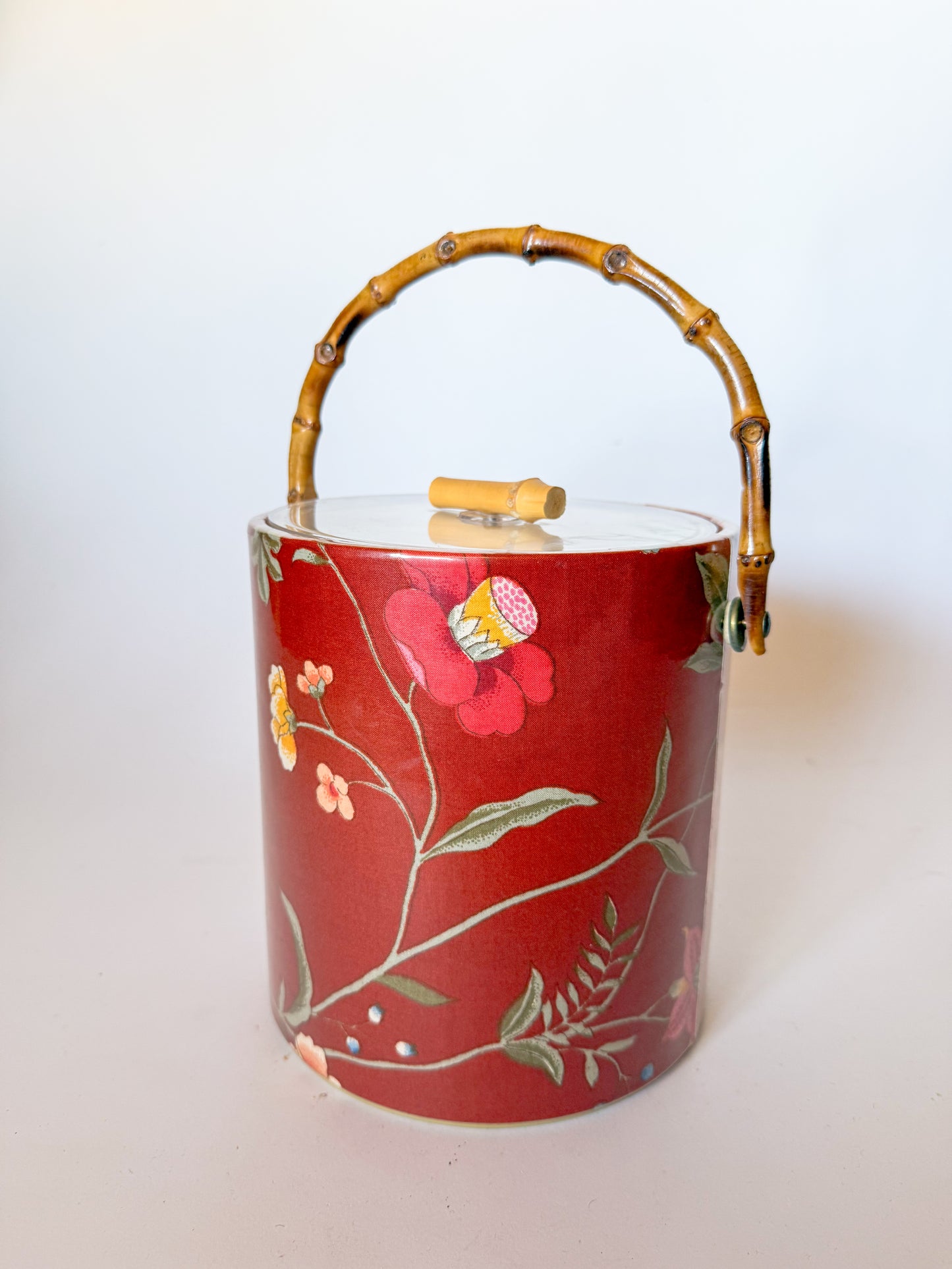 Vintage Floral Chintz and Bamboo Handled Ice Bucket