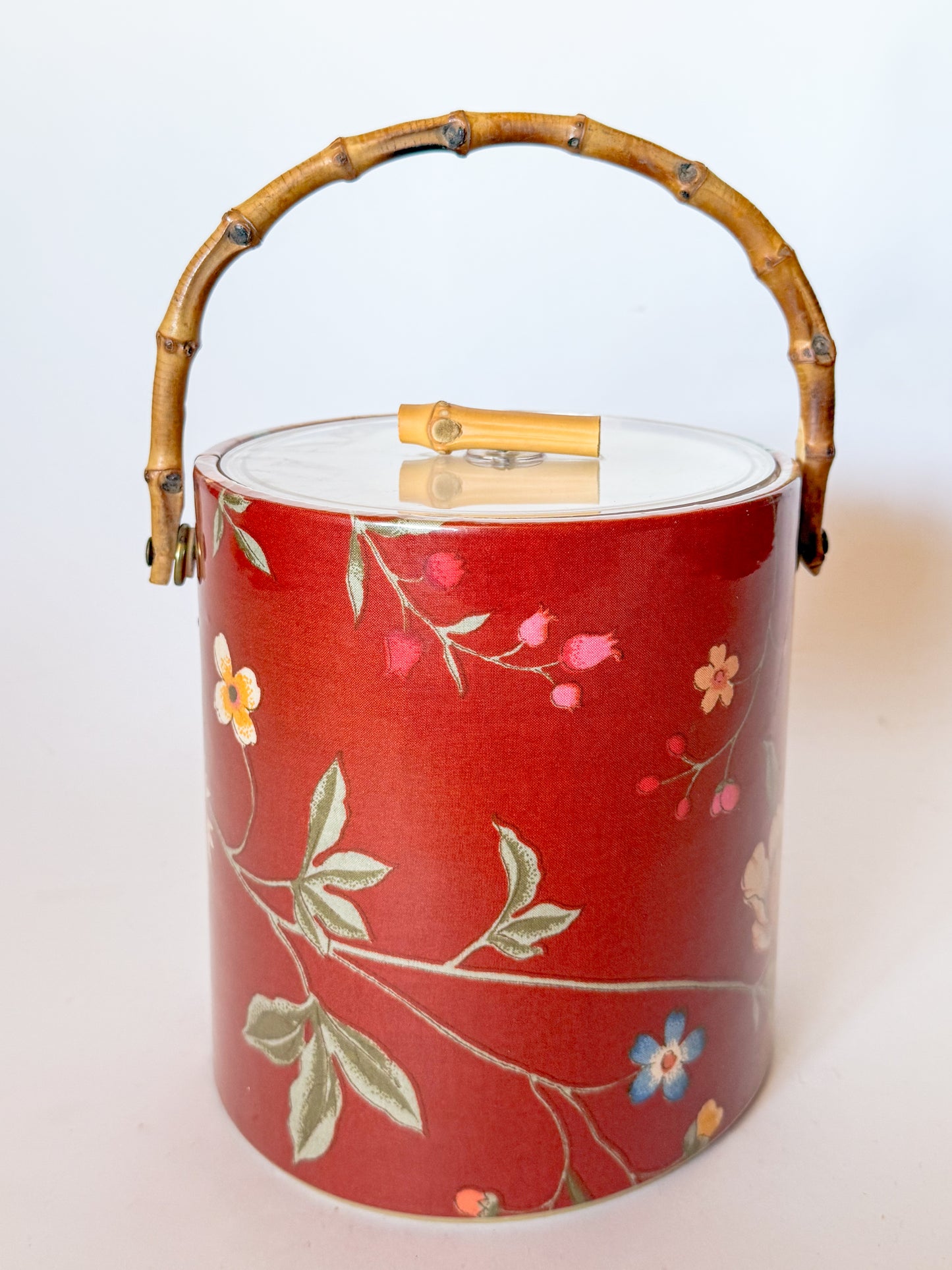 Vintage Floral Chintz and Bamboo Handled Ice Bucket
