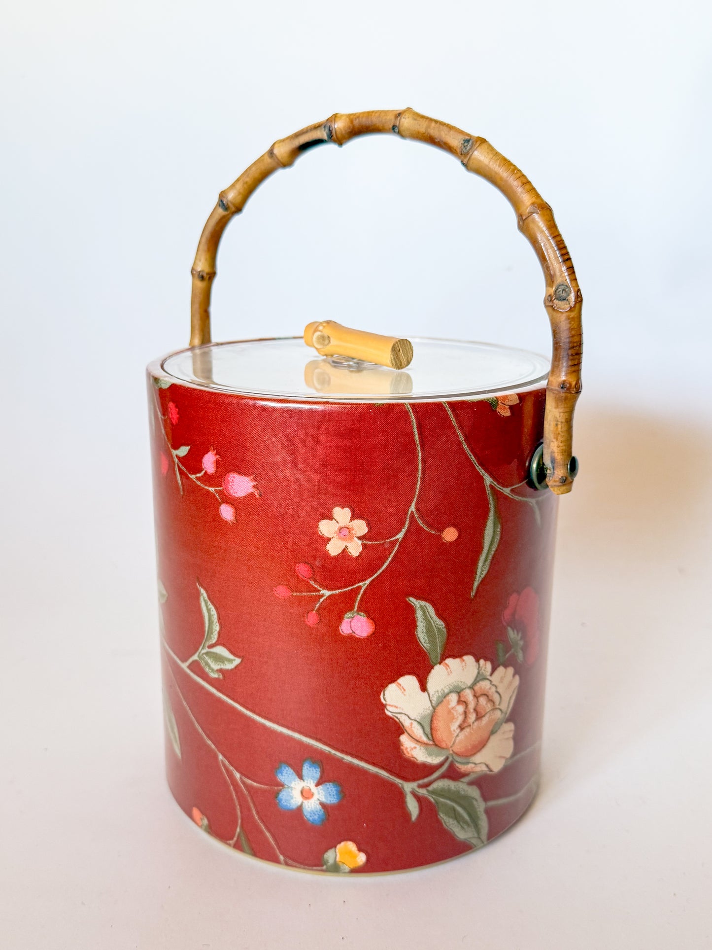 Vintage Floral Chintz and Bamboo Handled Ice Bucket
