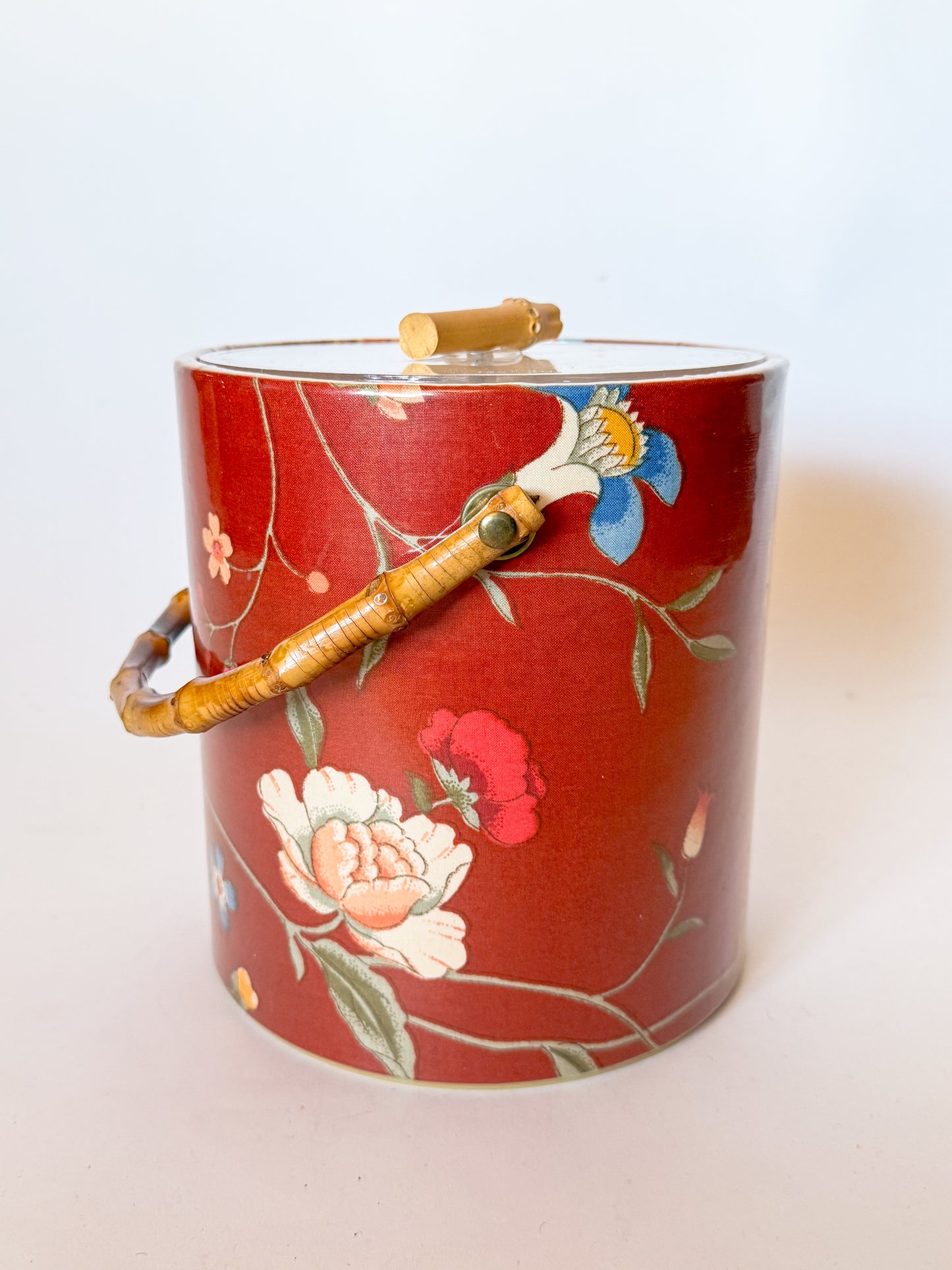 Vintage Floral Chintz and Bamboo Handled Ice Bucket
