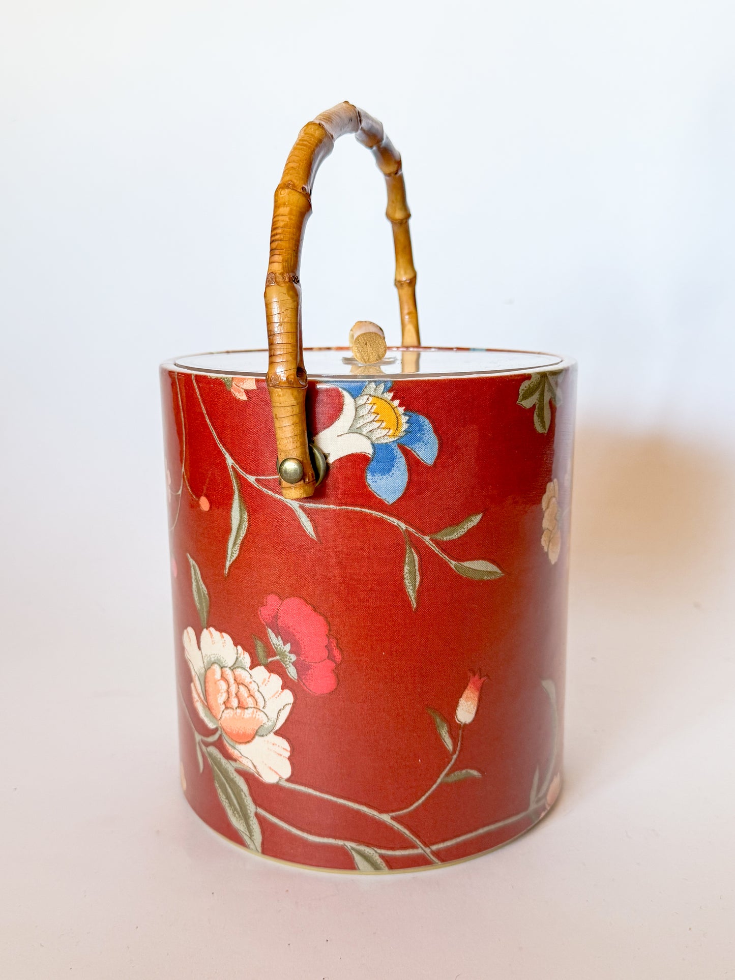 Vintage Floral Chintz and Bamboo Handled Ice Bucket