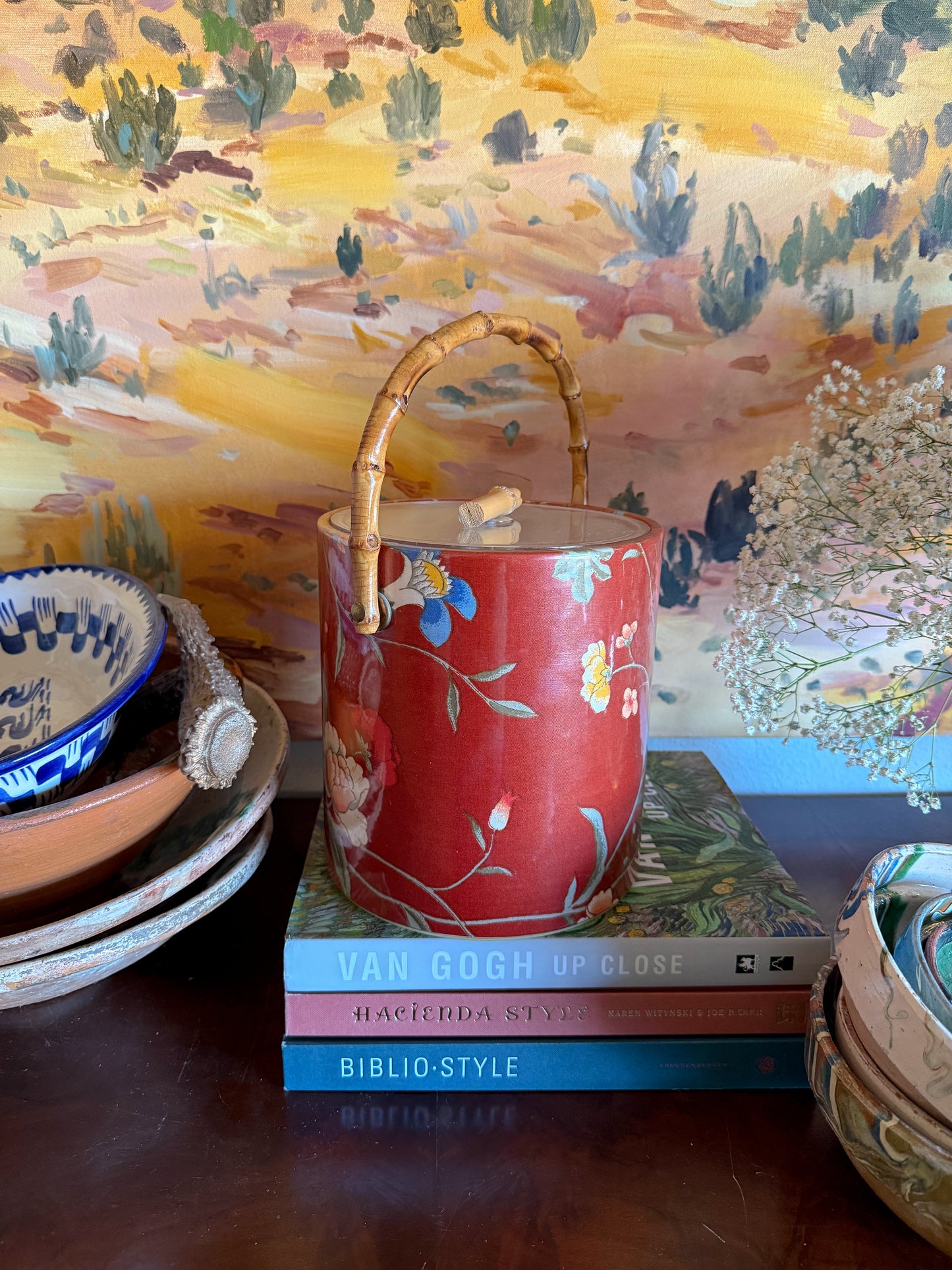 Vintage Floral Chintz and Bamboo Handled Ice Bucket