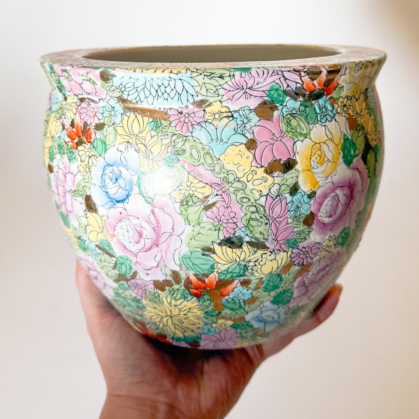 Vintage Chinese Ceramic Porcelain Mille Fleur Thousand Flowers Jardiniere Planter