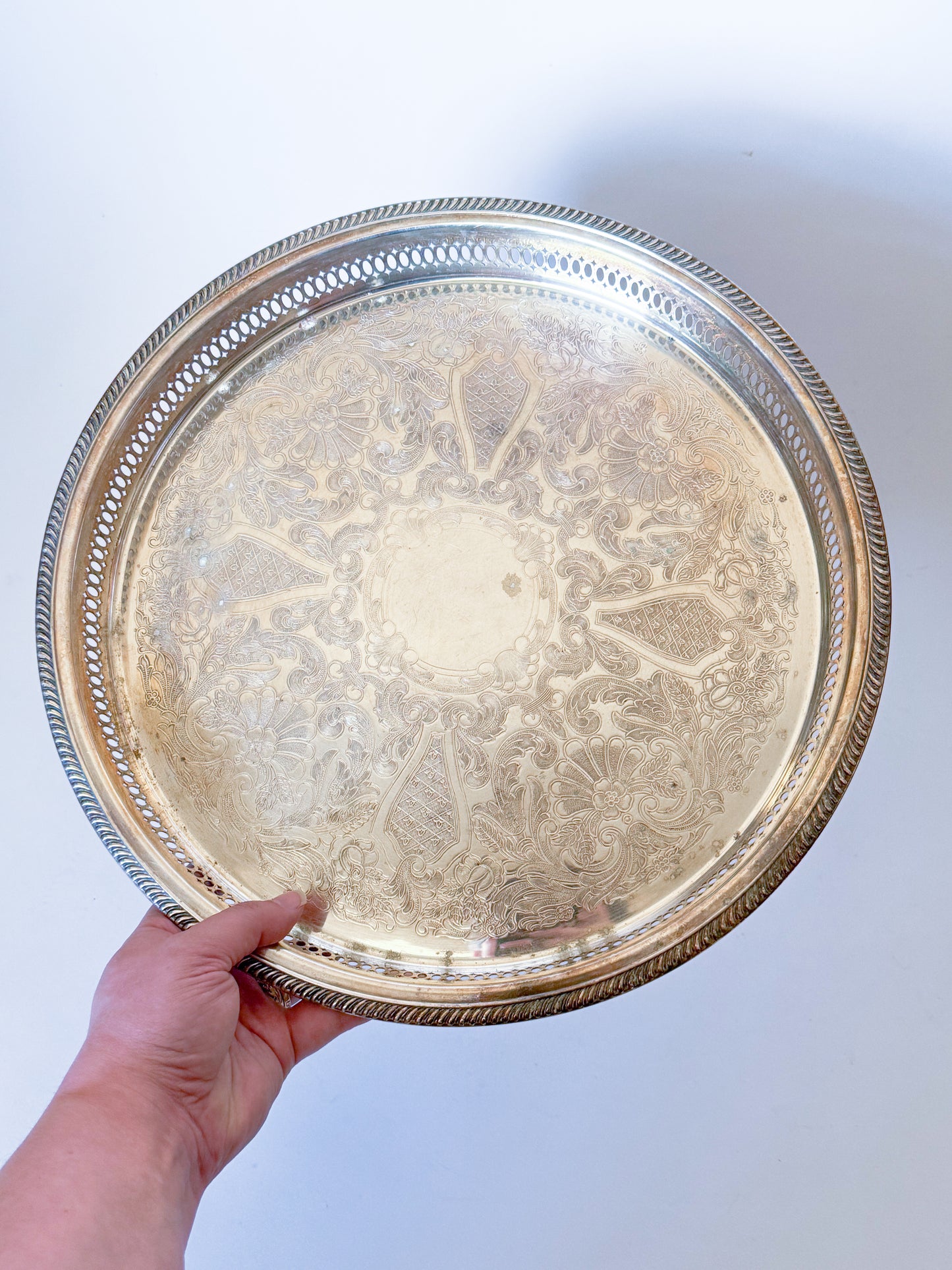 Large Vintage Etched Silver Plate Pierced Gallery Serving Tray, 15" Dia
