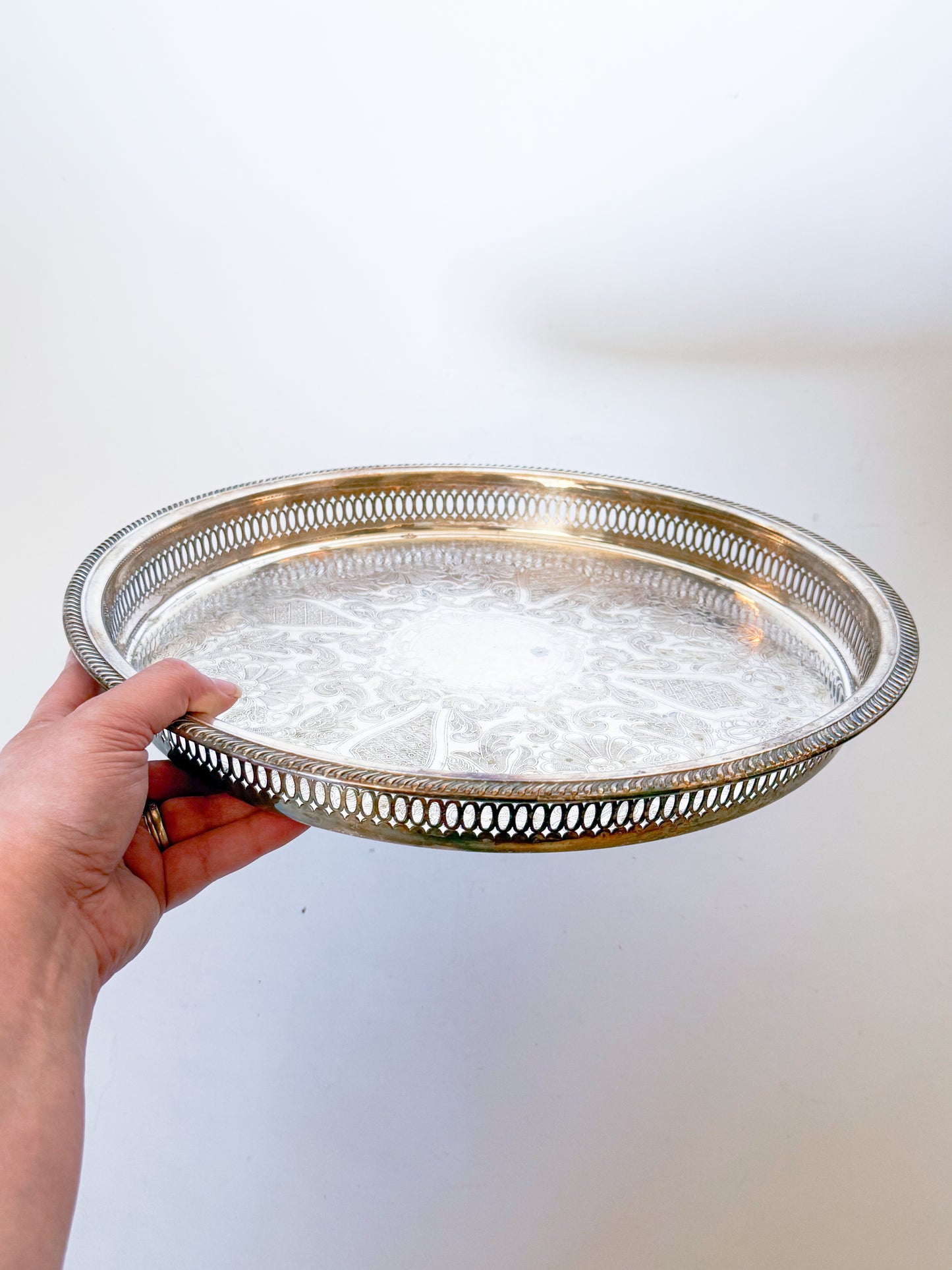 Large Vintage Etched Silver Plate Pierced Gallery Serving Tray, 15" Dia