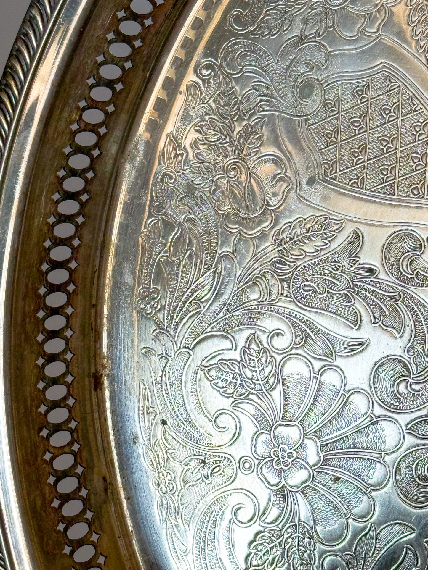 Large Vintage Etched Silver Plate Pierced Gallery Serving Tray, 15" Dia