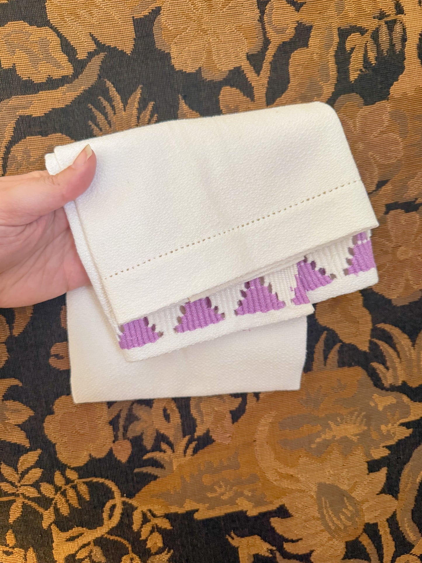 Vintage Cotton Tea Towel - White with Orchid Purple Trim