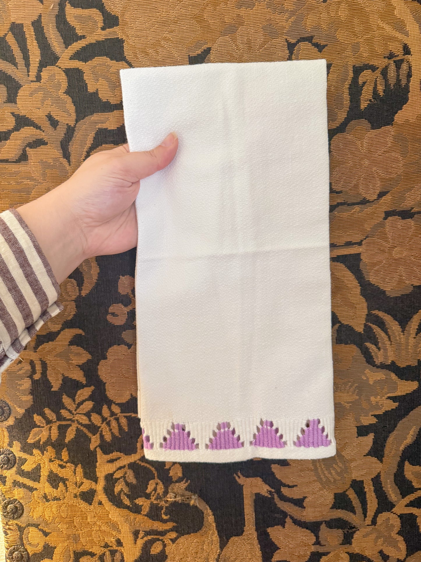 Vintage Cotton Tea Towel - White with Orchid Purple Trim