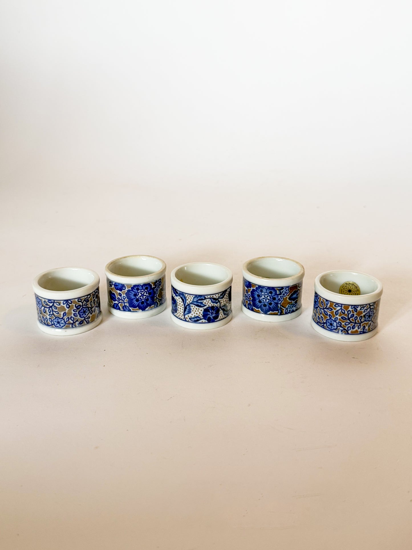 Vintage Takahashi Blue and White Porcelain Napkin Rings, Set of 5.