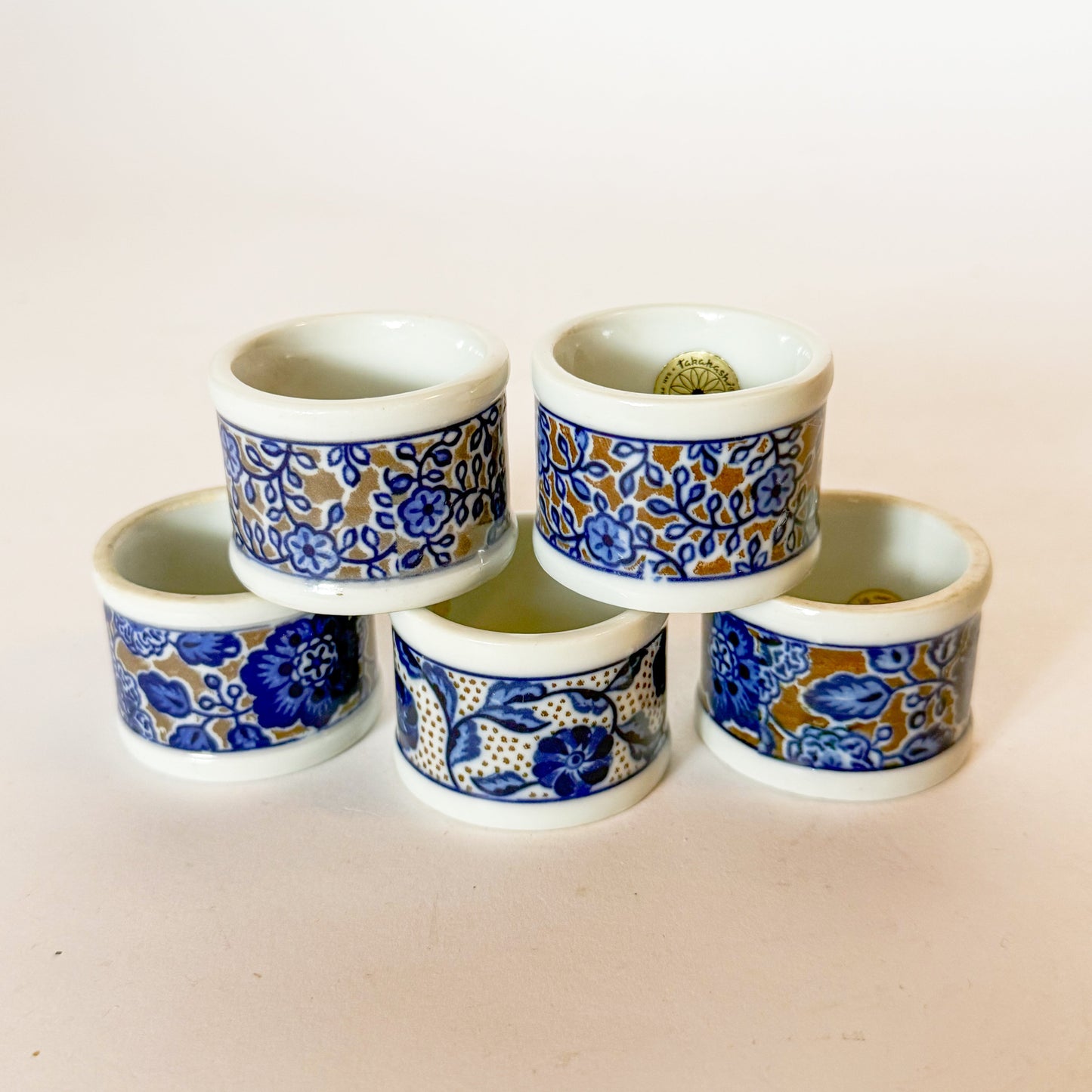 Vintage Takahashi Blue and White Porcelain Napkin Rings, Set of 5.