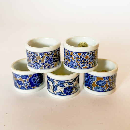 Vintage Takahashi Blue and White Porcelain Napkin Rings, Set of 5.
