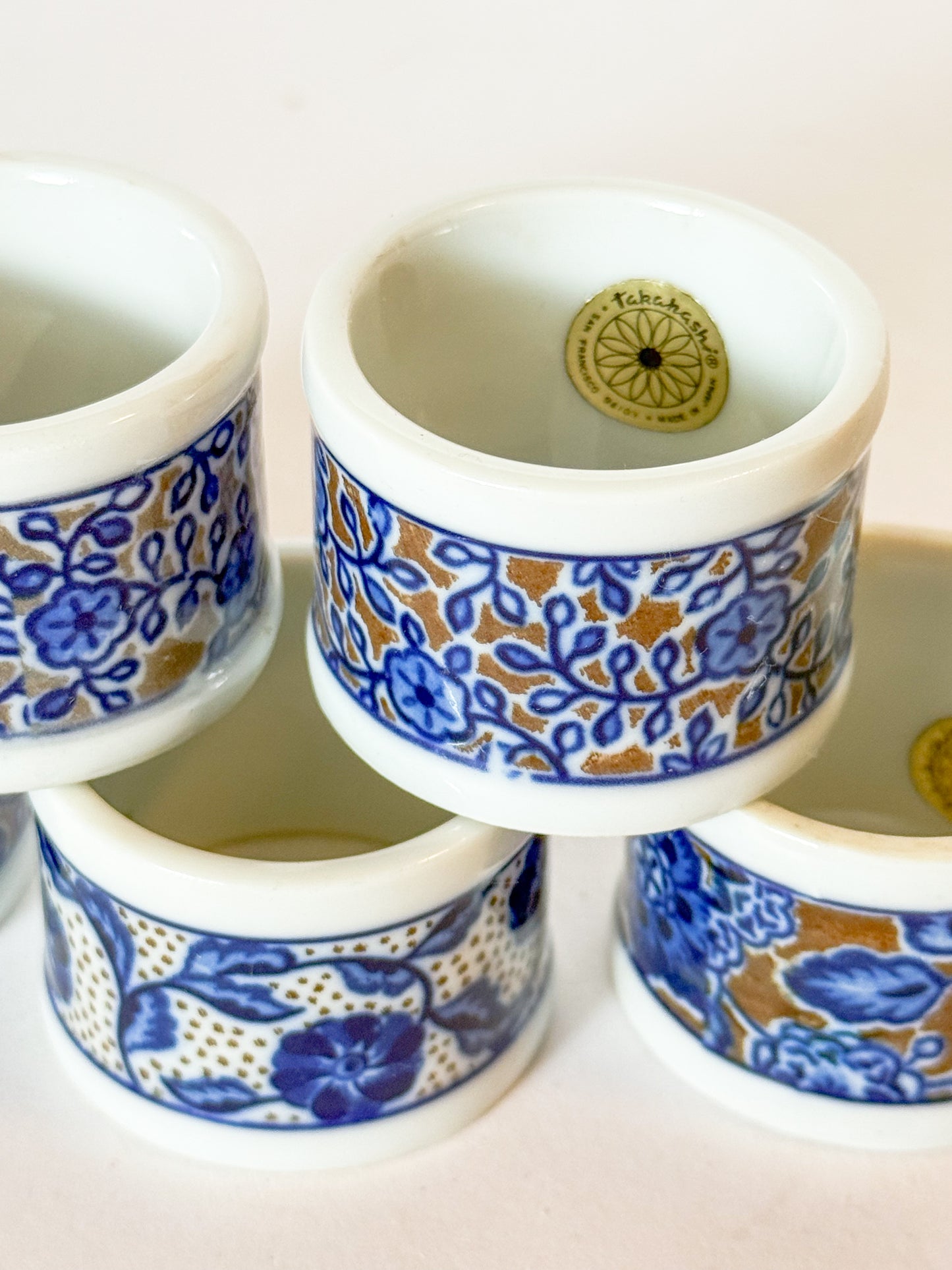 Vintage Takahashi Blue and White Porcelain Napkin Rings, Set of 5.