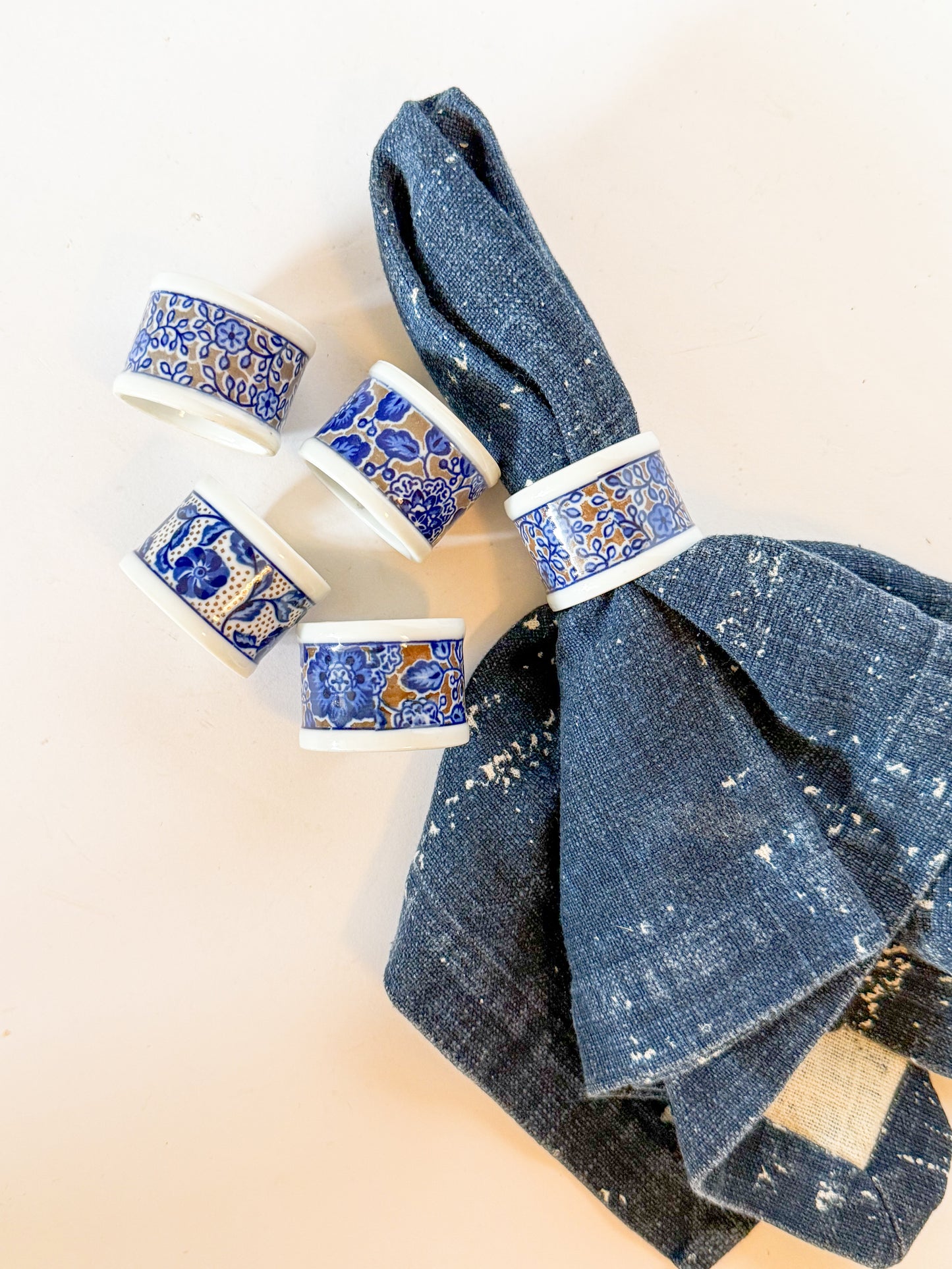 Vintage Takahashi Blue and White Porcelain Napkin Rings, Set of 5.