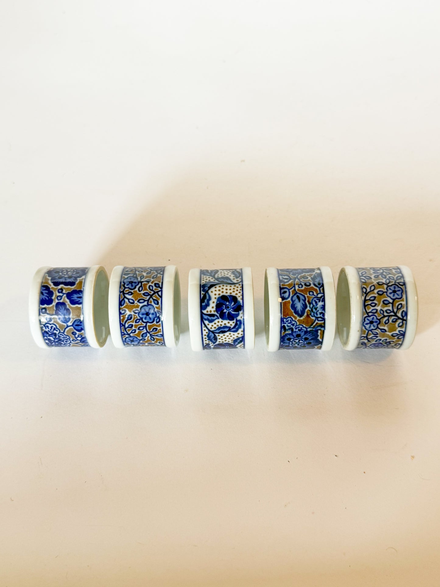 Vintage Takahashi Blue and White Porcelain Napkin Rings, Set of 5.