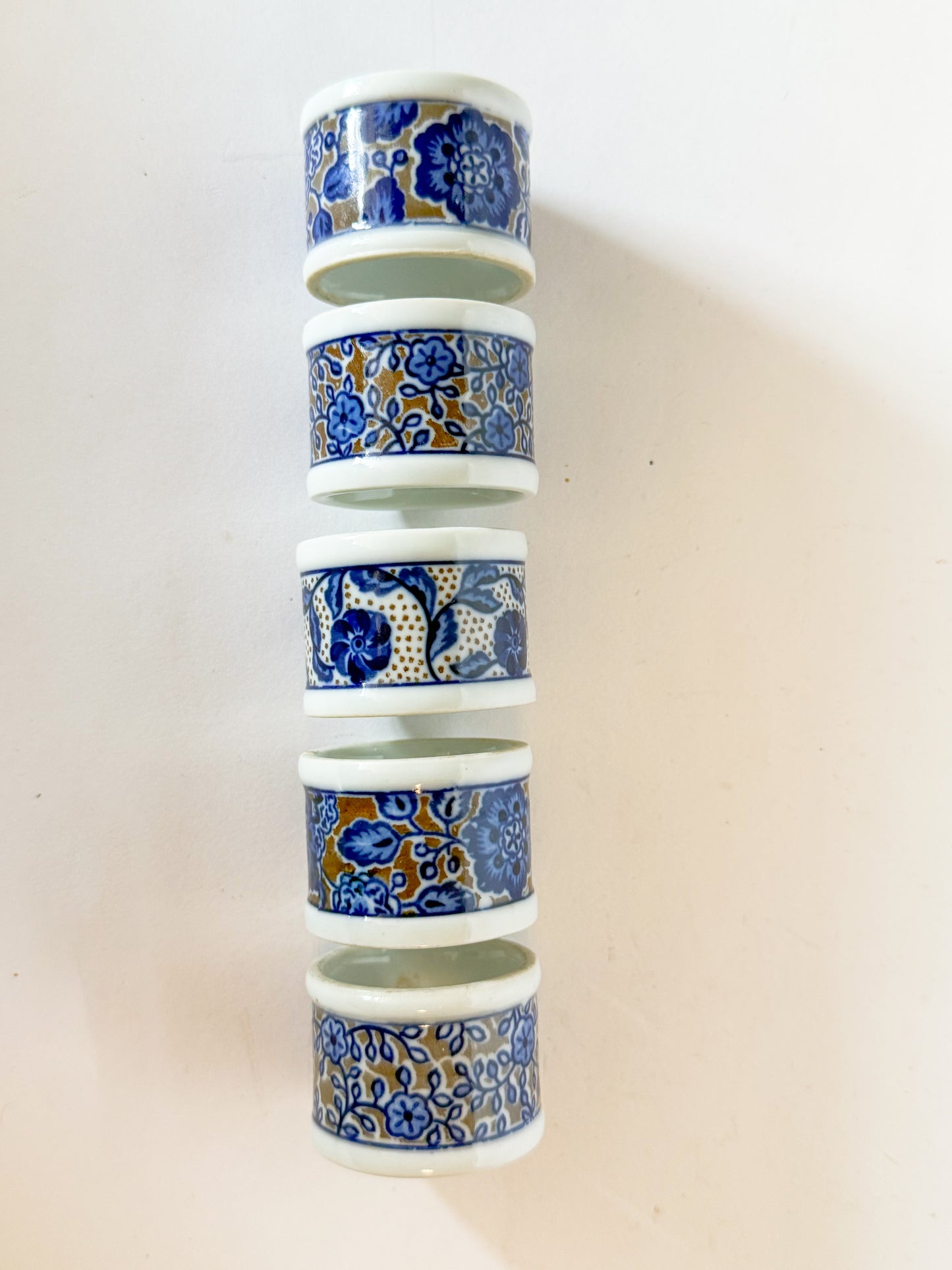 Vintage Takahashi Blue and White Porcelain Napkin Rings, Set of 5.