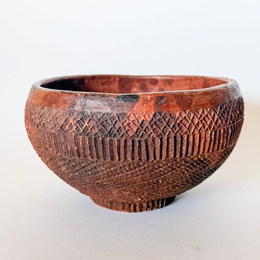 Vintage Folk Art Redware Clay Bowl