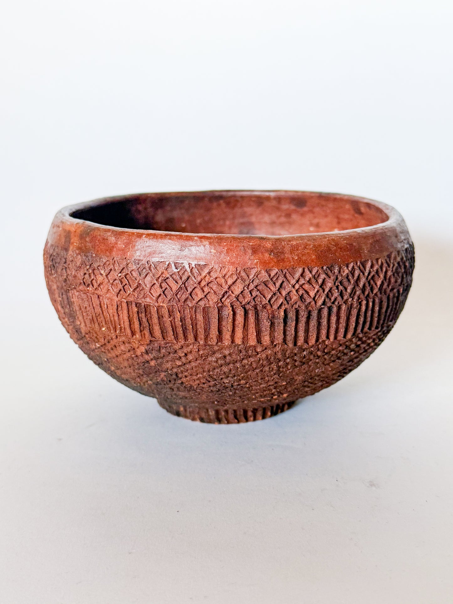 Vintage Folk Art Redware Clay Bowl