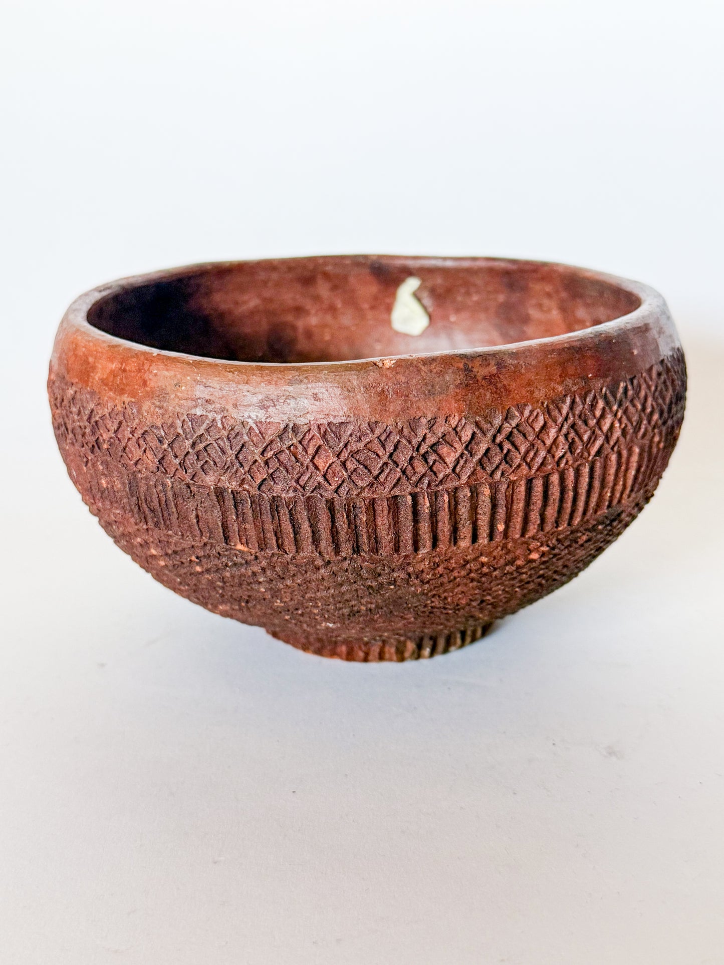 Vintage Folk Art Redware Clay Bowl