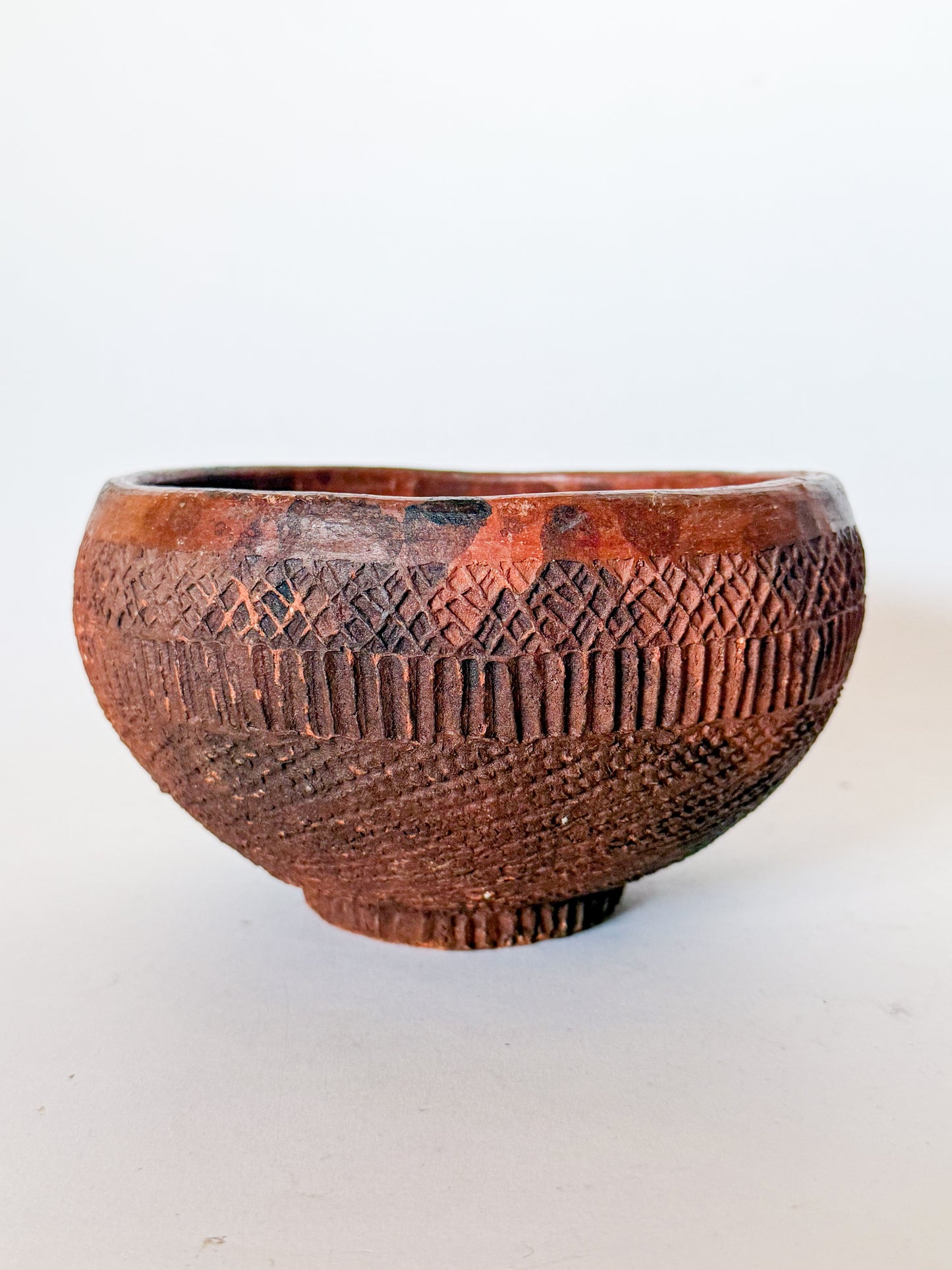 Vintage Folk Art Redware Clay Bowl