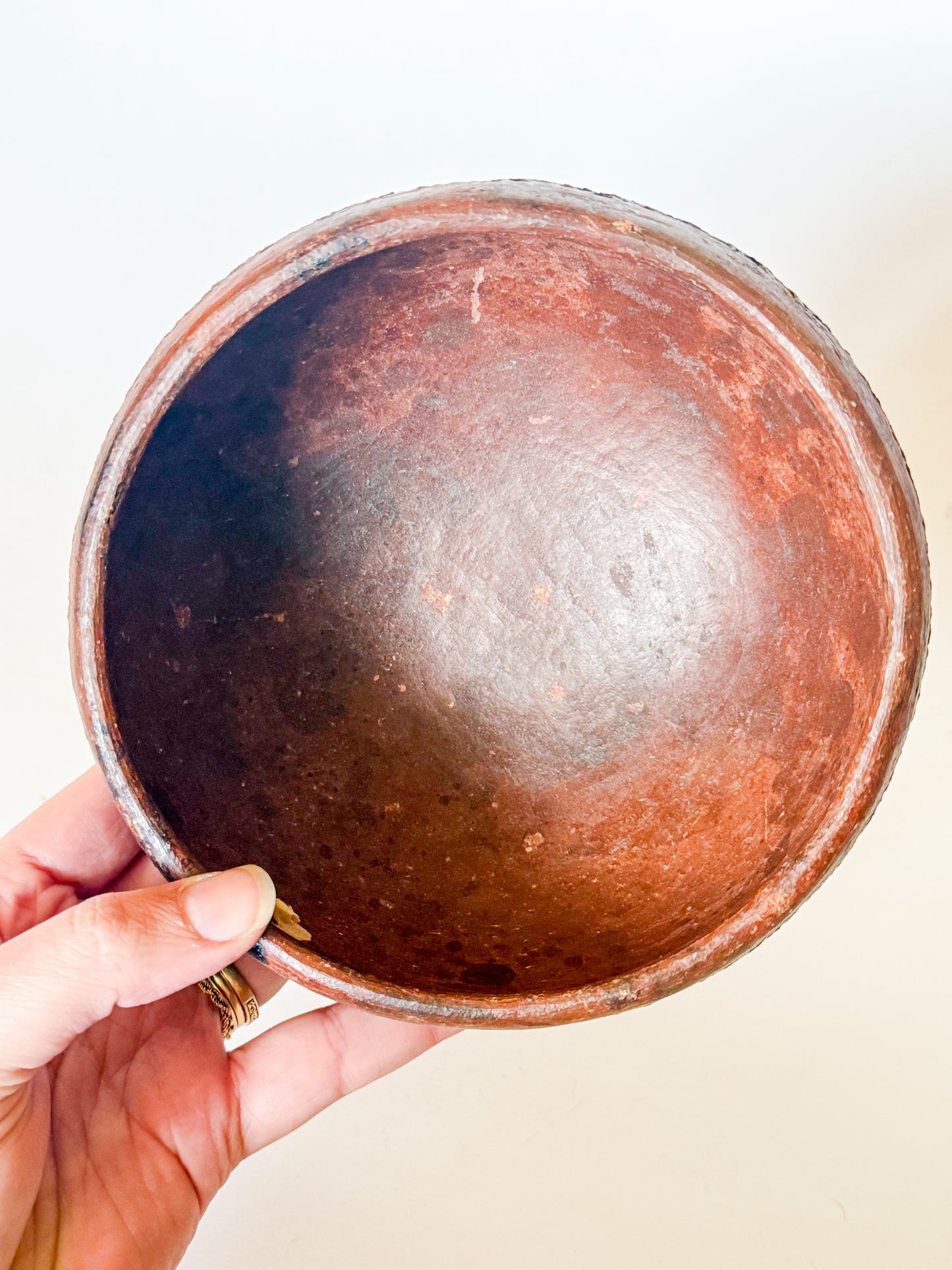Vintage Folk Art Redware Clay Bowl