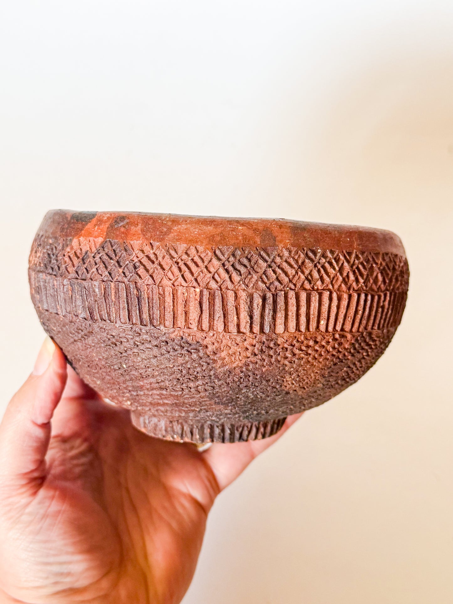 Vintage Folk Art Redware Clay Bowl