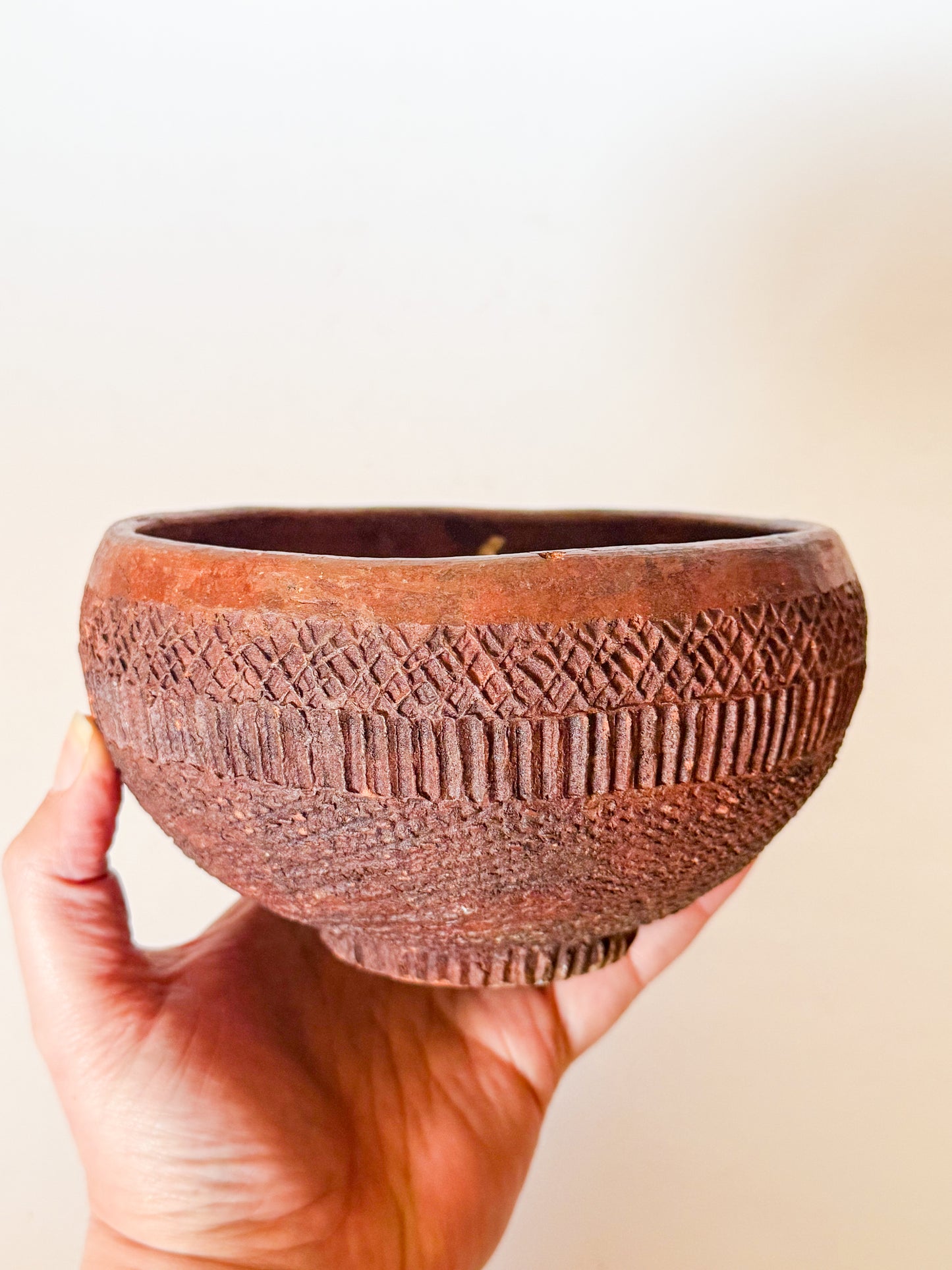 Vintage Folk Art Redware Clay Bowl