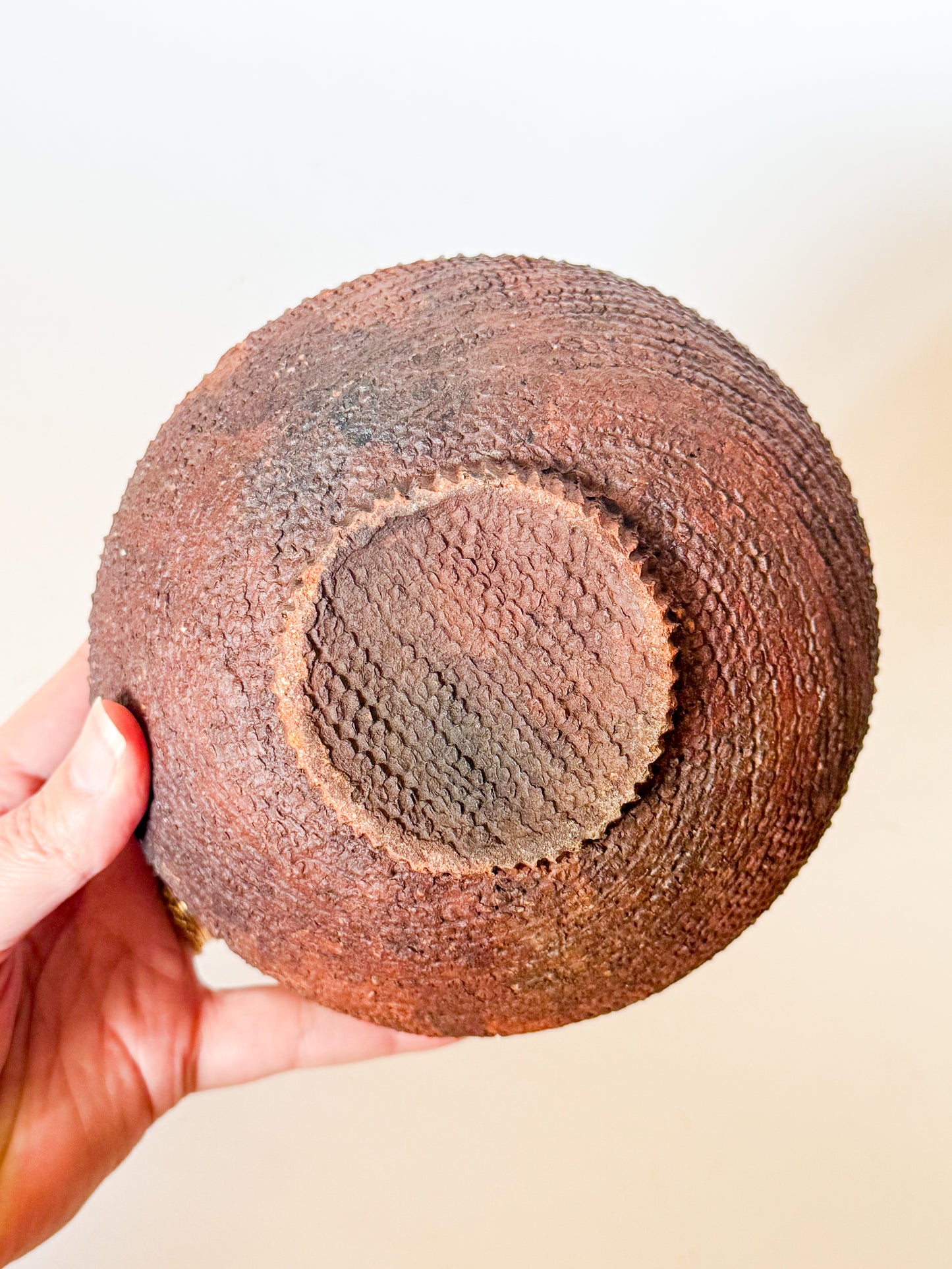 Vintage Folk Art Redware Clay Bowl