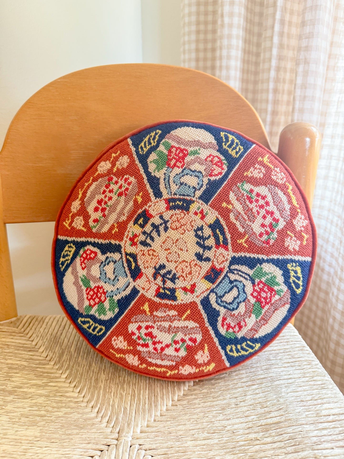 Vintage Imari Needlepoint and Velvet Pillow