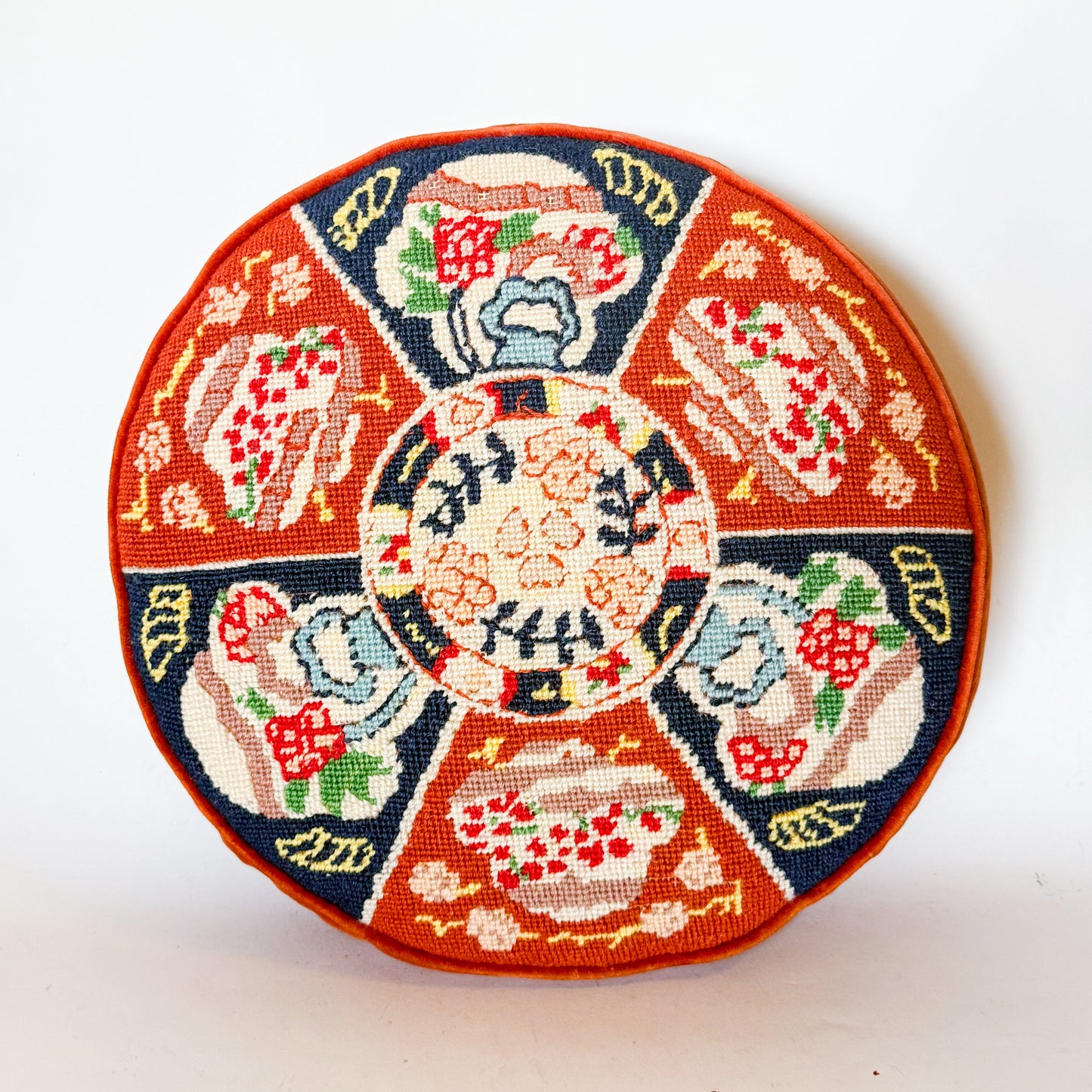 Vintage Imari Needlepoint and Velvet Pillow