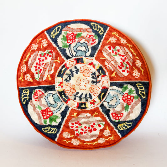 Vintage Imari Needlepoint and Velvet Pillow