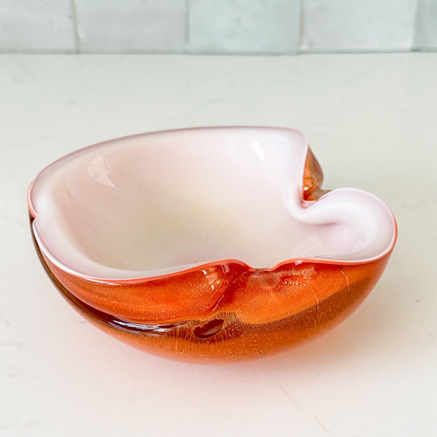 Mid Century Barbini Murano Orange and White Gold Flecks Italian Art Glass Bowl