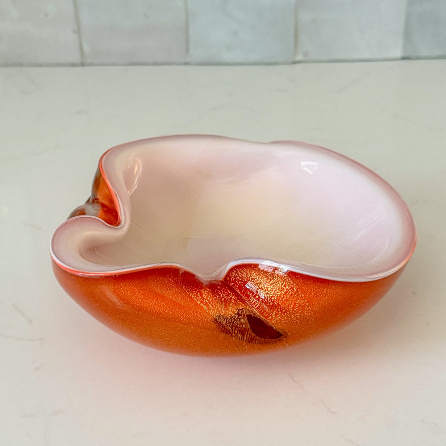 Mid Century Barbini Murano Orange and White Gold Flecks Italian Art Glass Bowl