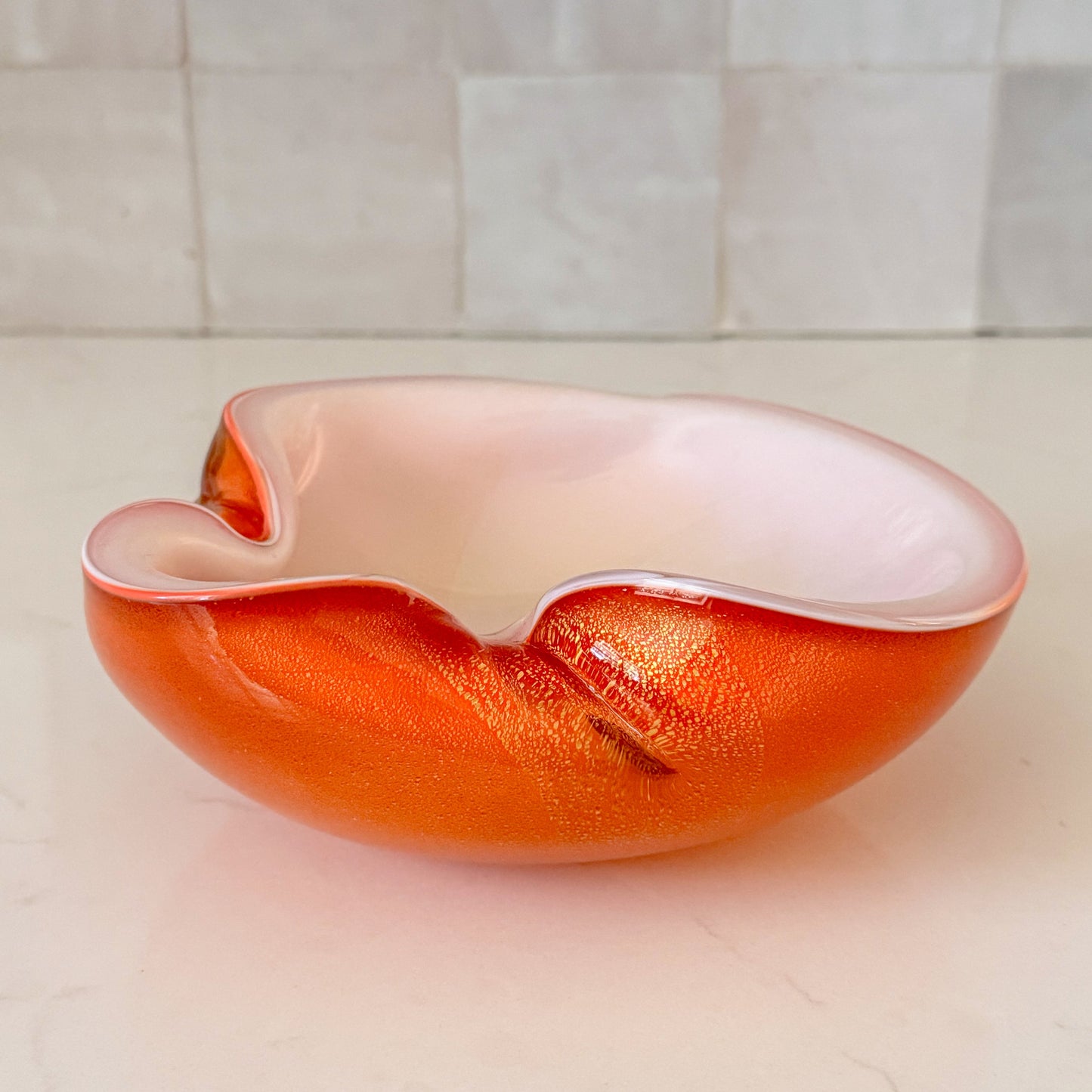 Mid Century Barbini Murano Orange and White Gold Flecks Italian Art Glass Bowl