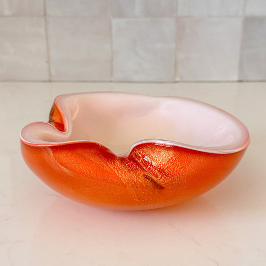 Mid Century Barbini Murano Orange and White Gold Flecks Italian Art Glass Bowl