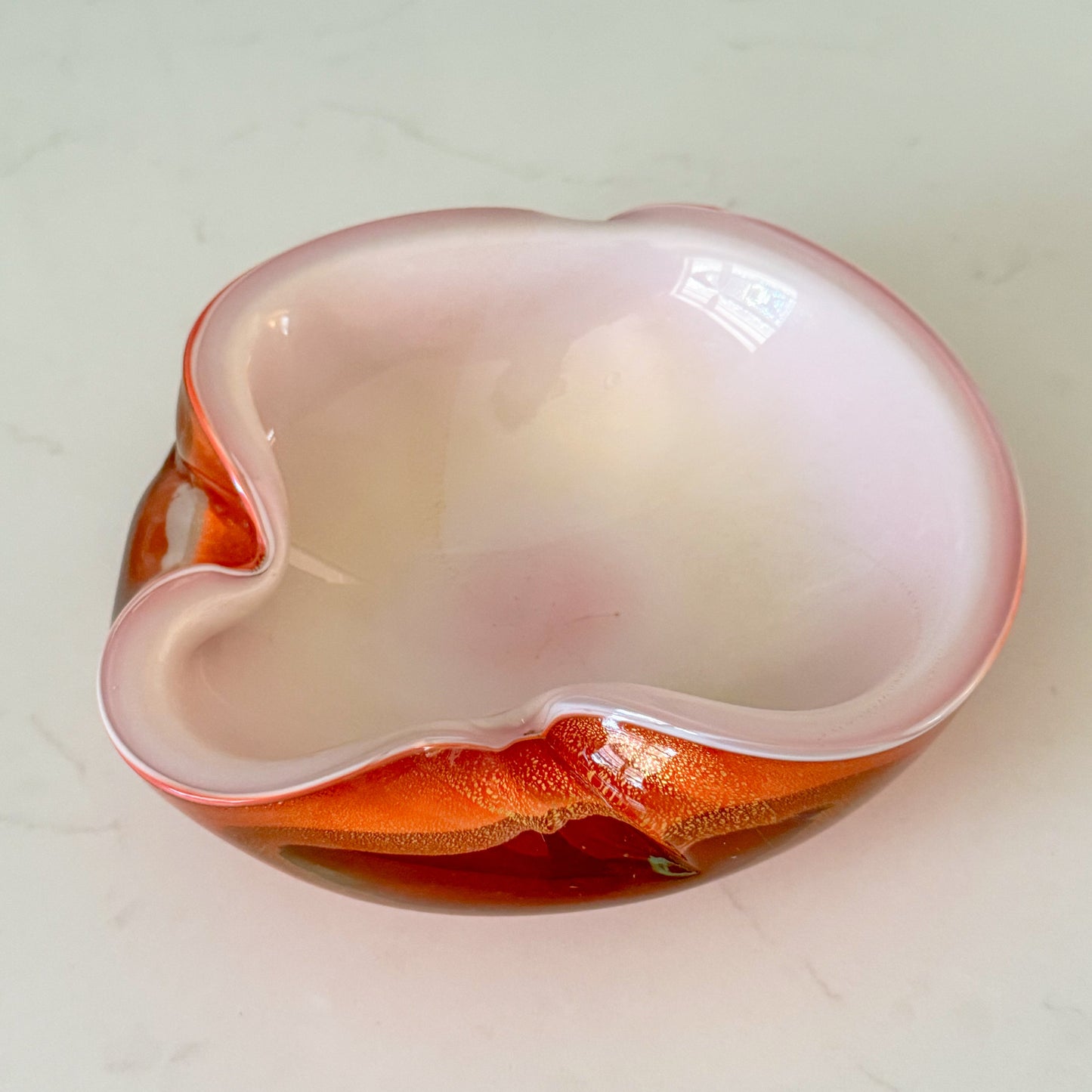 Mid Century Barbini Murano Orange and White Gold Flecks Italian Art Glass Bowl