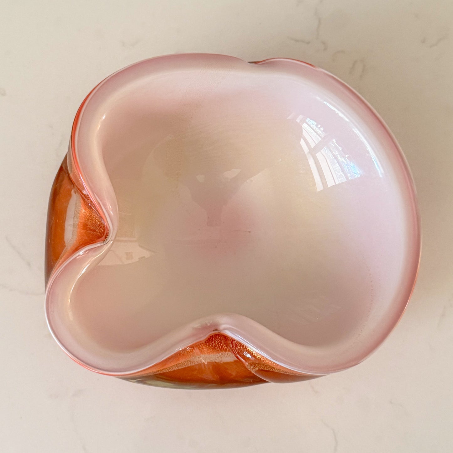 Mid Century Barbini Murano Orange and White Gold Flecks Italian Art Glass Bowl