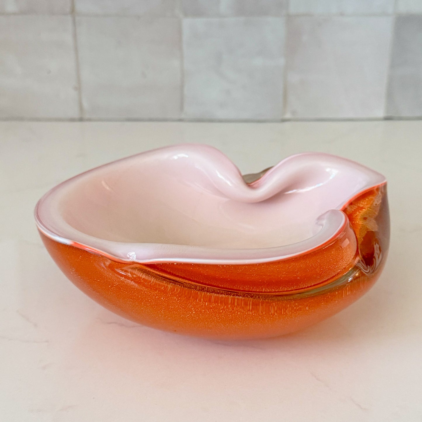 Mid Century Barbini Murano Orange and White Gold Flecks Italian Art Glass Bowl