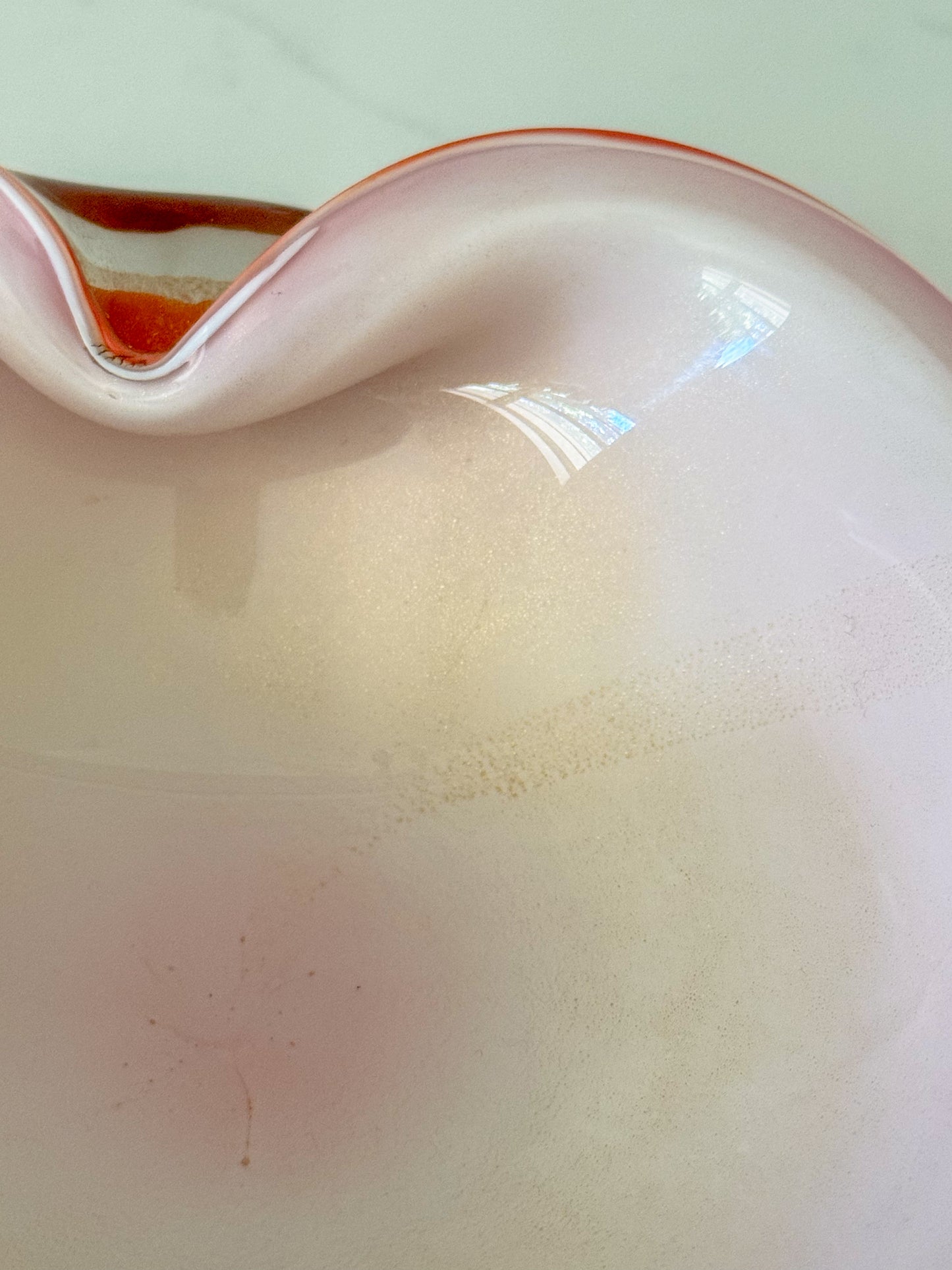 Mid Century Barbini Murano Orange and White Gold Flecks Italian Art Glass Bowl