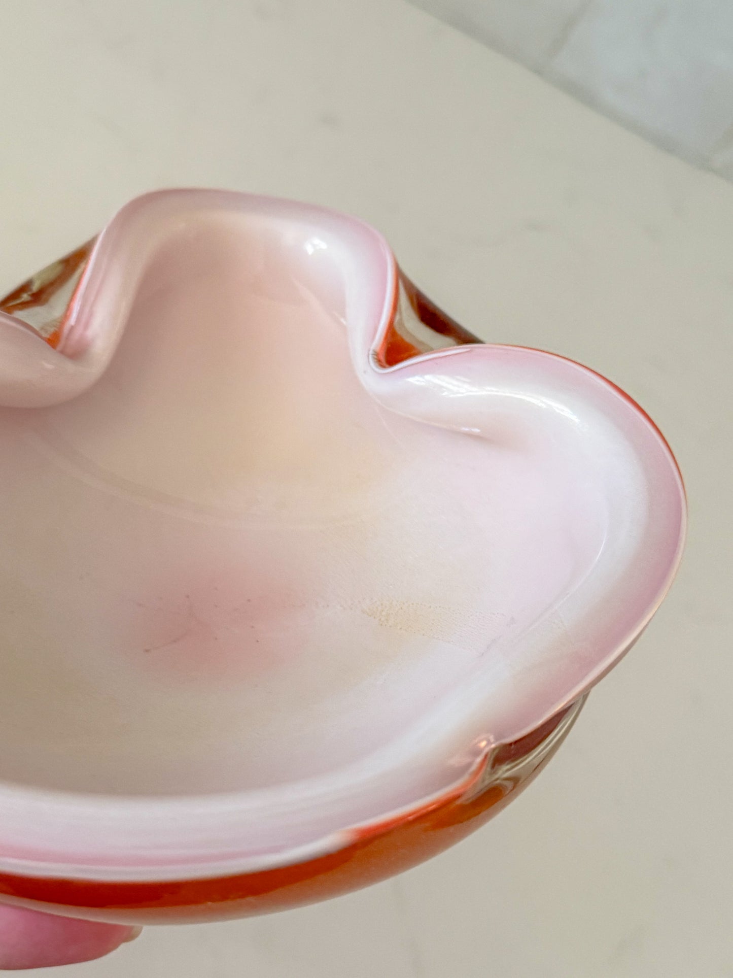 Mid Century Barbini Murano Orange and White Gold Flecks Italian Art Glass Bowl